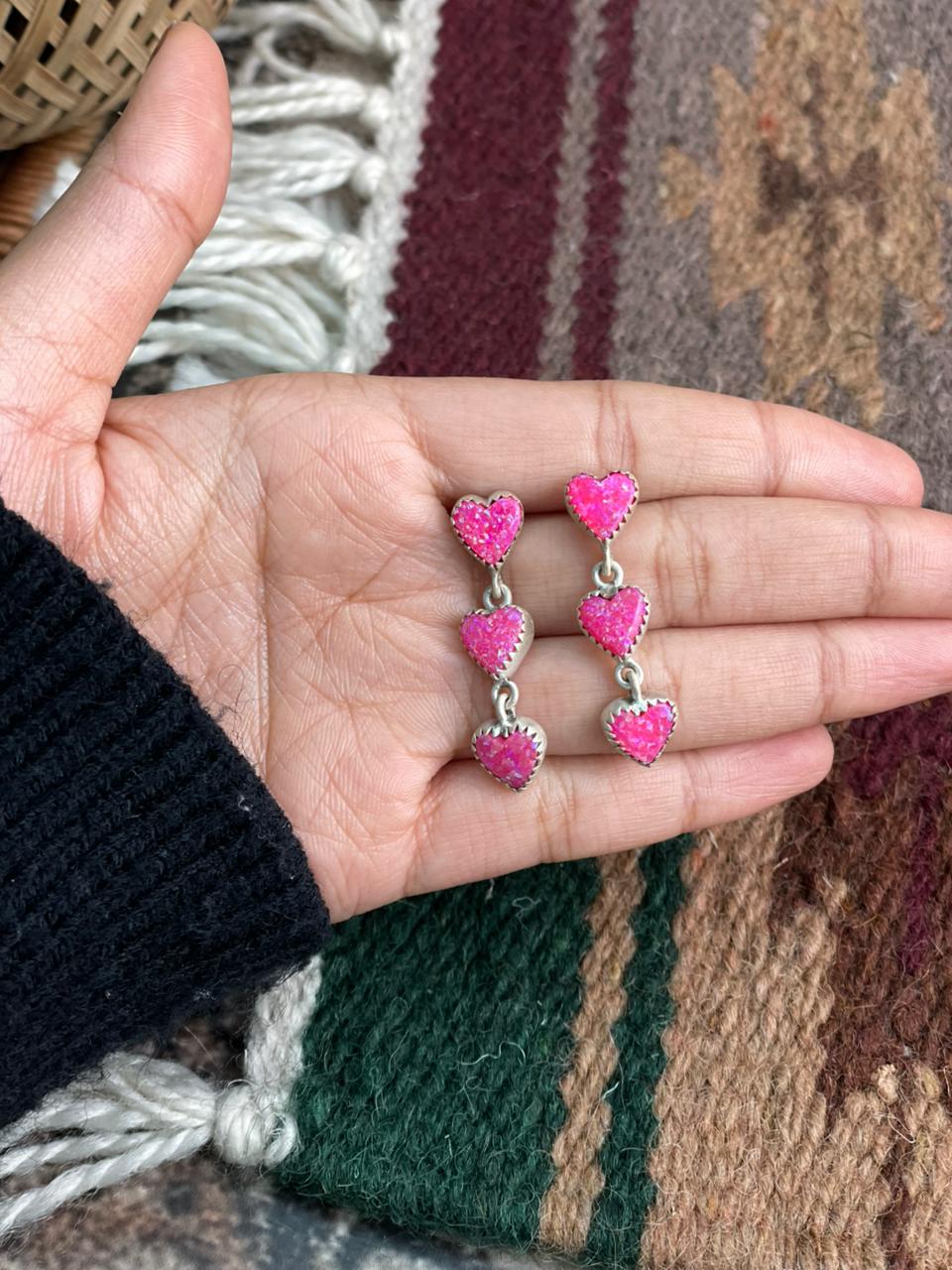 Handmade Sterling Silver Hot Pink Heart Post Dangle Earrings "Signed Nizhoni"