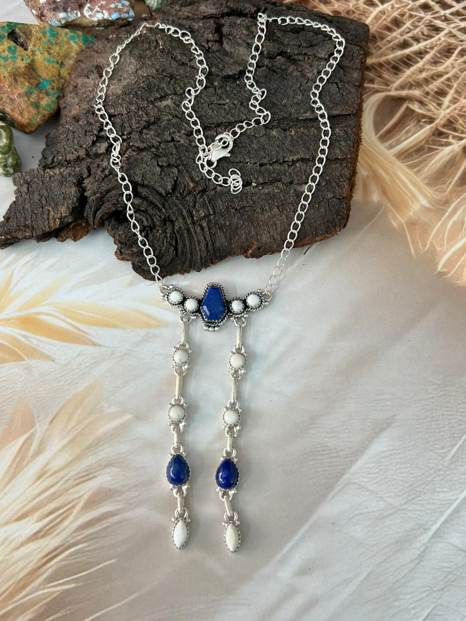 Handmade Sterling Silver White Buffalo with Lapis Necklace "Signed Nizhoni"