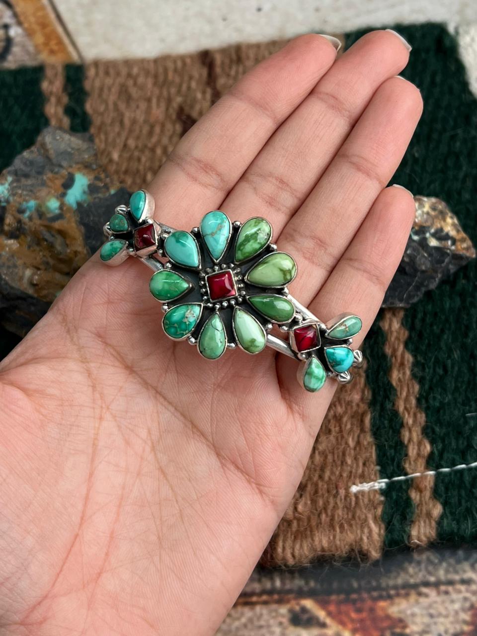 Handmade Sterling Silver Dahlia Rose with Emerald Valley Turquoise Cuff Bracelet "Signed Nizhoni"