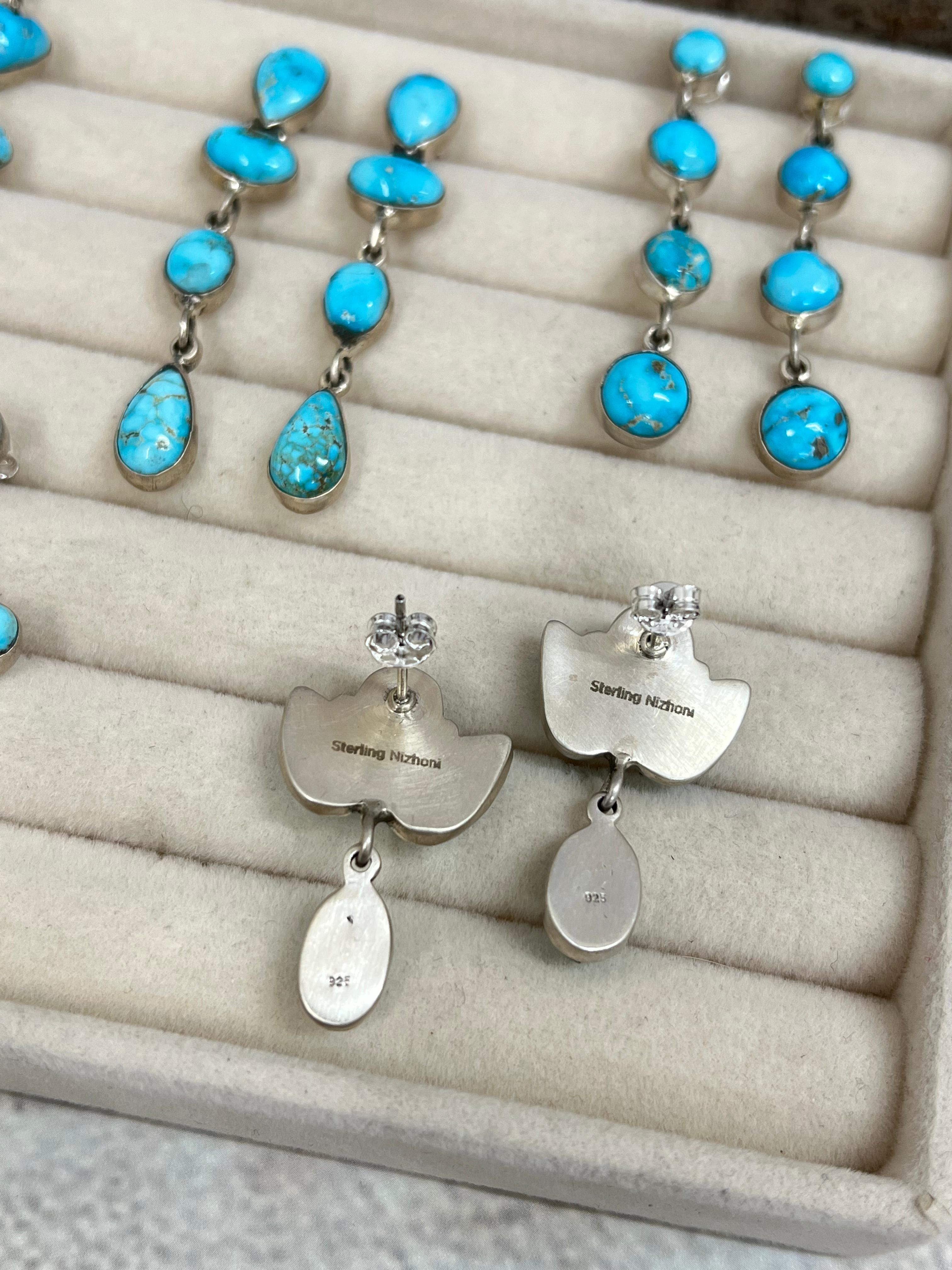 Handmade Sterling Silver Blue Bird Turquoise Dangle Earrings with Signed Nizhoni