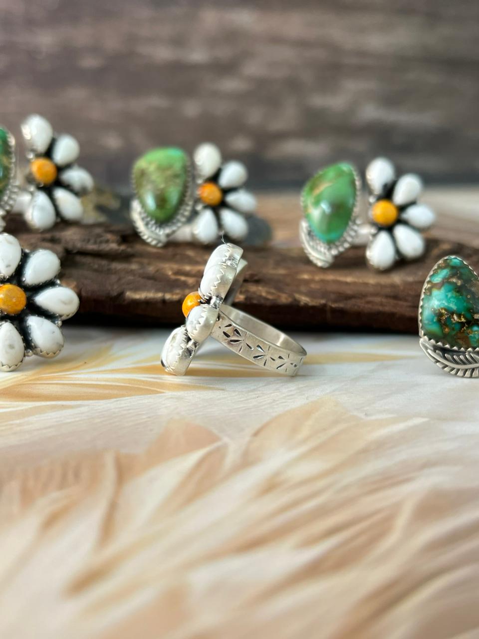 Handmade Sterling Silver Spring Collection: Bumble Bee with Sonoran and White Buffalo Adjustable Ring "Signed Nizhoni" DAISY