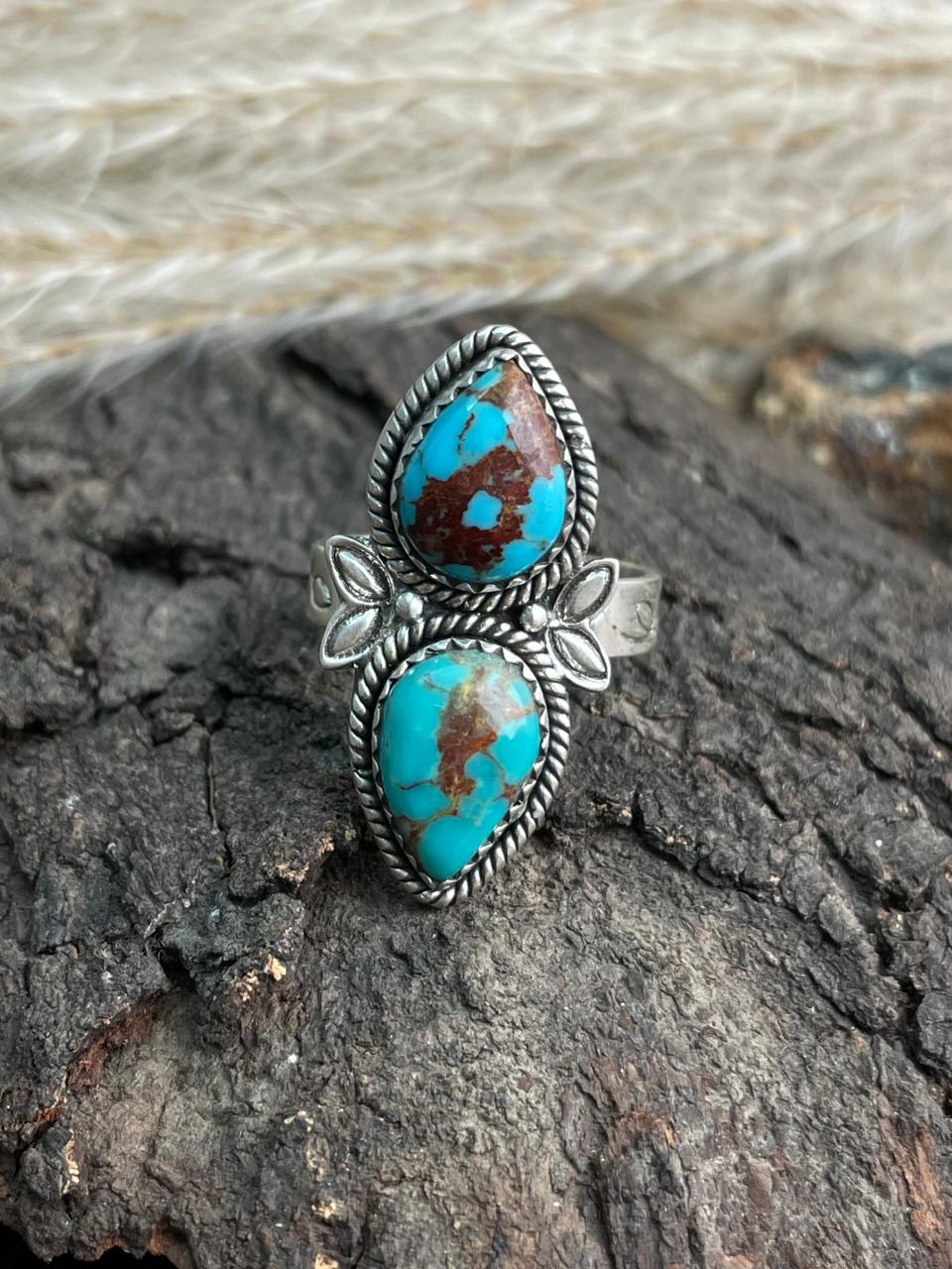 Handmade Sterling Silver Santa Maria Turquoise Adjustable Ring "Signed Nizhoni"