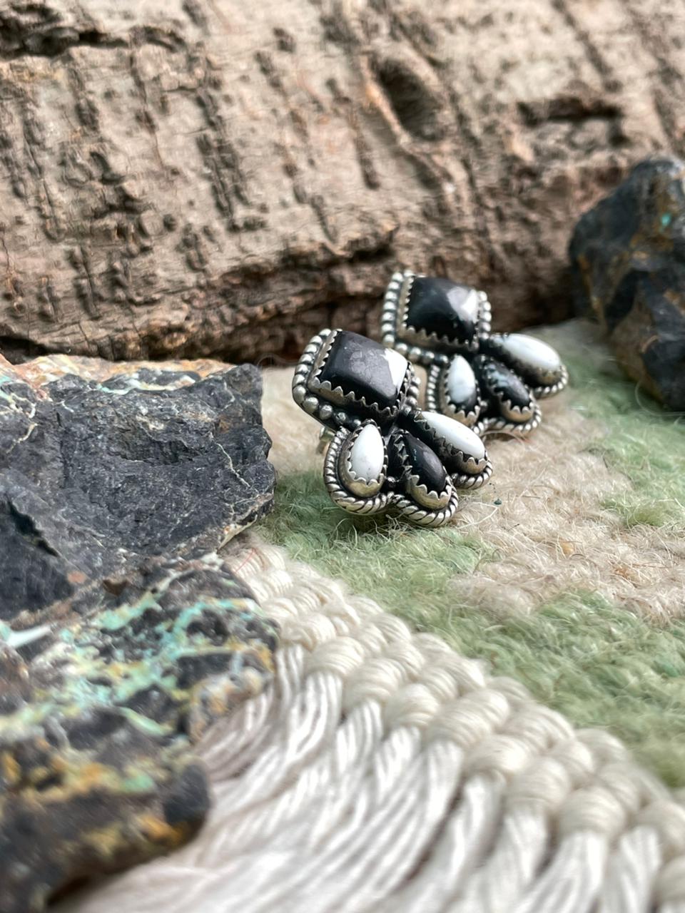 Handmade Sterling Silver White Buffalo Post Studs Earrings "Signed Nizhoni"