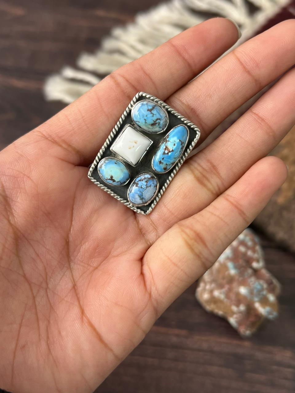 Handmade Sterling Silver Golden Hills with White Collection Adjustable Ring "Signed Nizhoni"