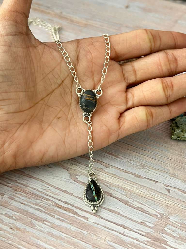 Handmade Sterling Silver Blackjack Turquoise Lariat Necklace with Signed Nizhoni