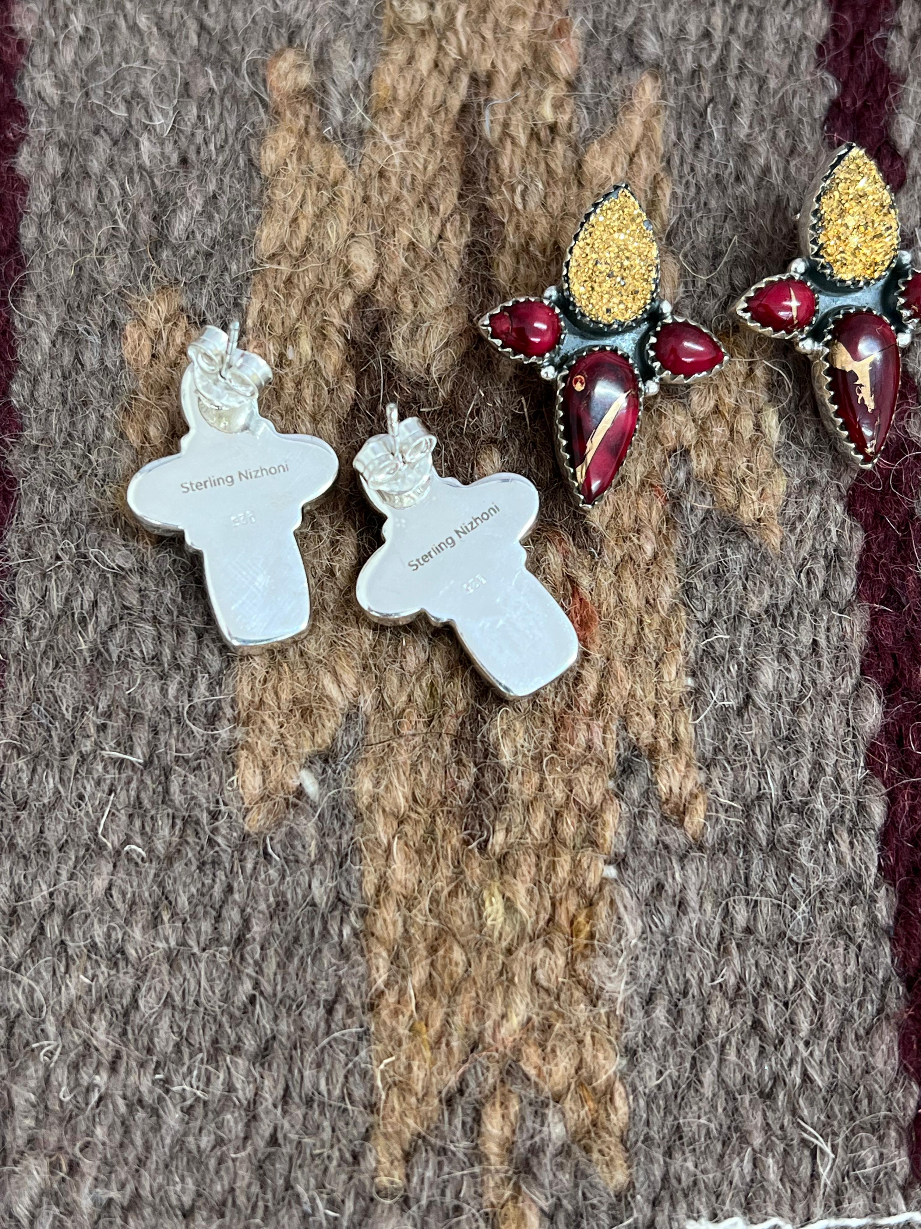 Handmade Sterling Silver Dahlia Rose with Druzy Studs, Signed Nizhoni