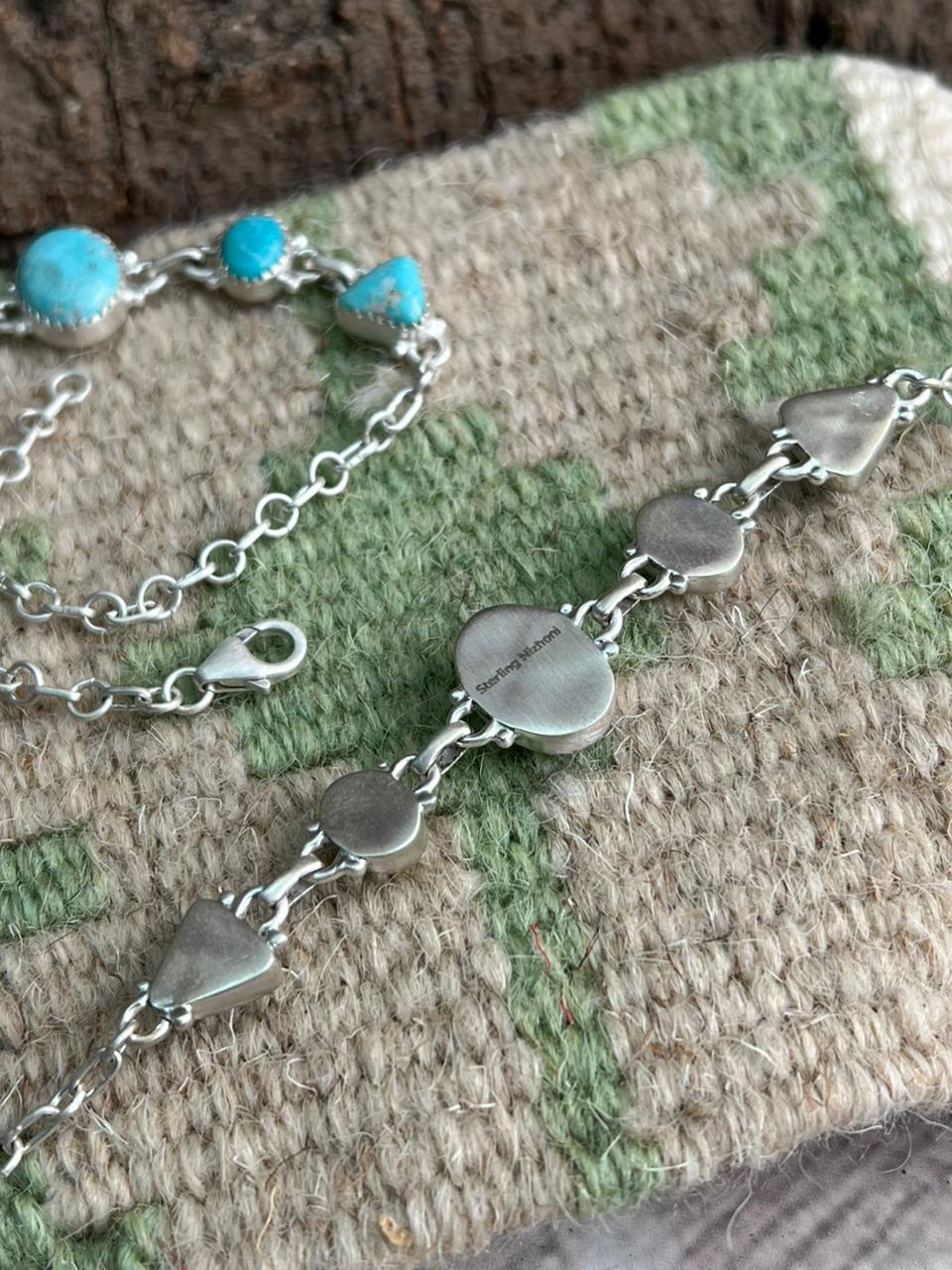 Handmade Sterling Silver Palomino with White Water Turquoise Chain Bracelet "Signed Nizhoni"