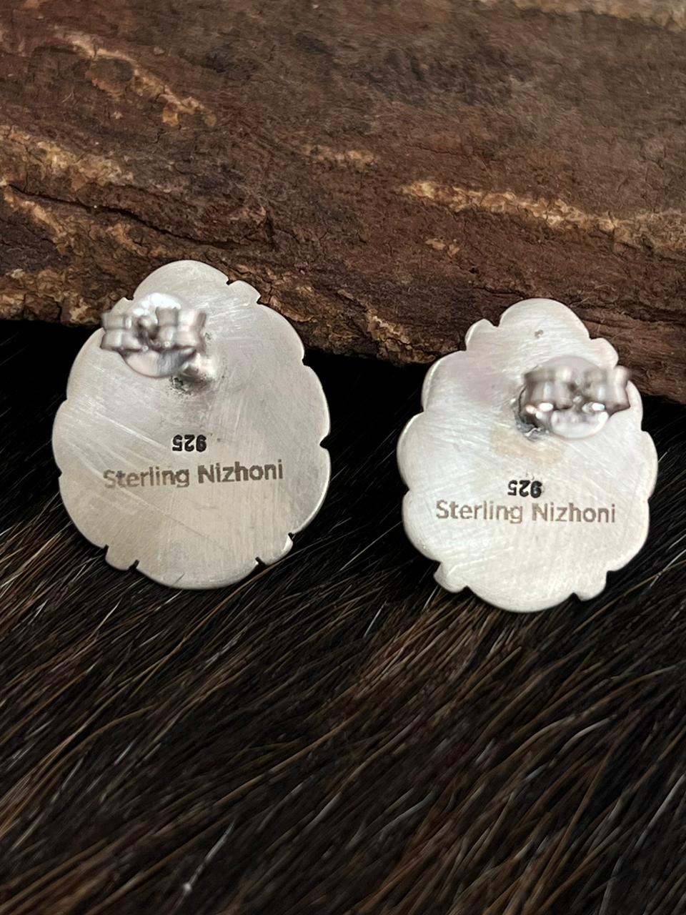 Handmade Sterling Silver Kingman Turquoise Post Studs Earrings "Signed Nizhoni"