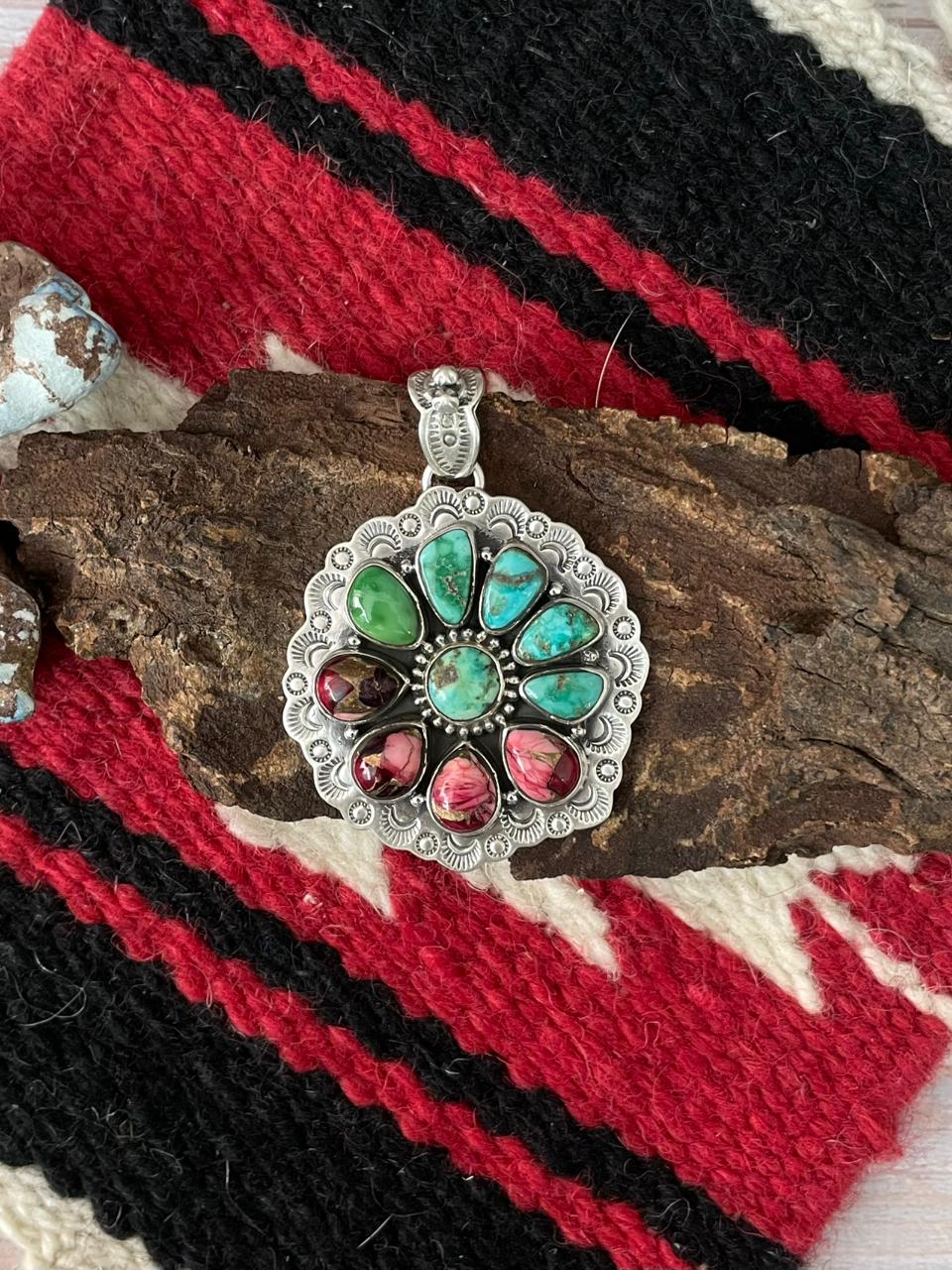 Handmade Sterling Silver Dahlia Rose with Emerald Valley Turquoise Pendant "Signed Nizhoni"