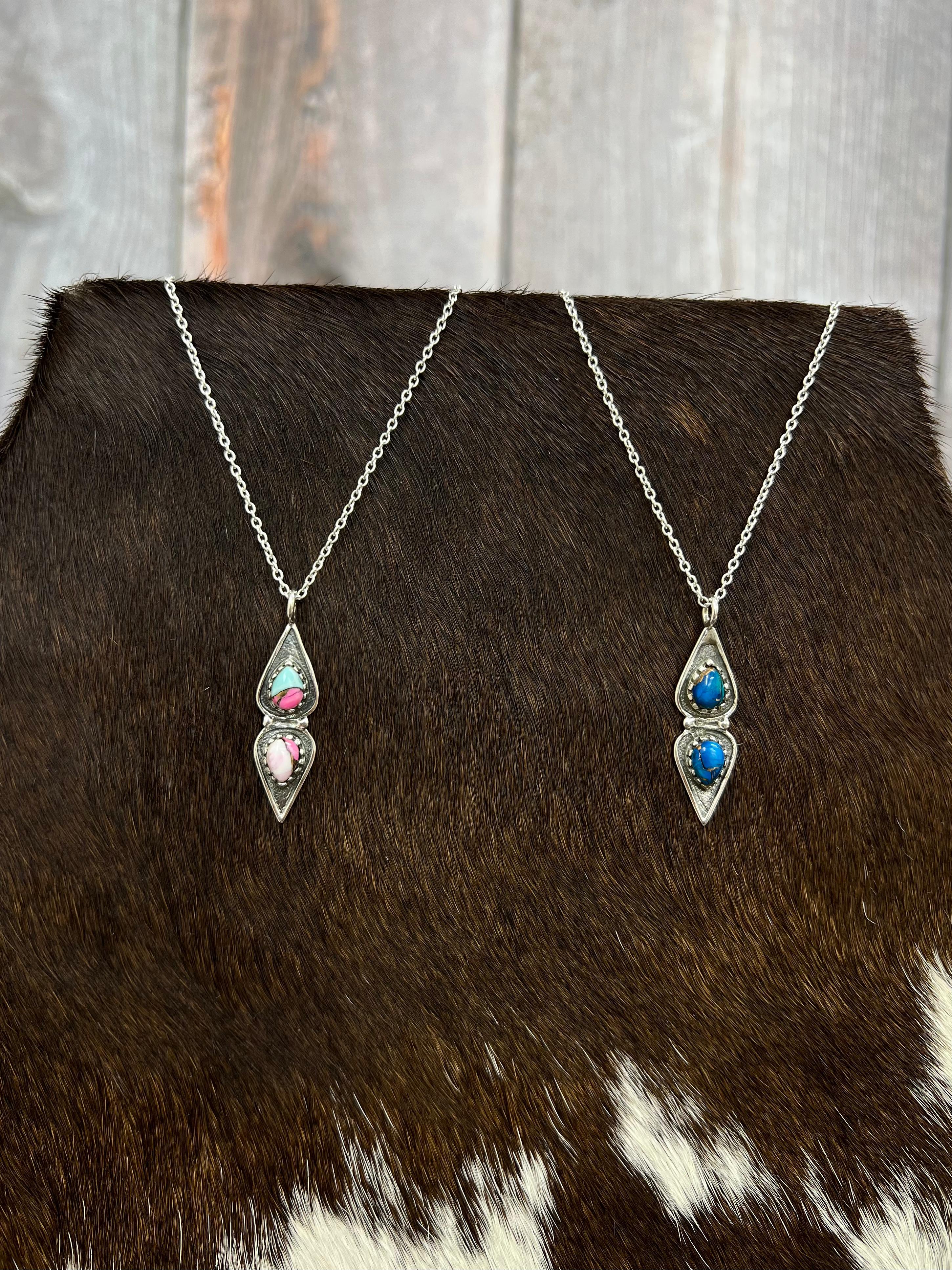 Handmade Sterling Silver Cotton Candy Peacock Dahlia Necklace, Signed Nizhoni