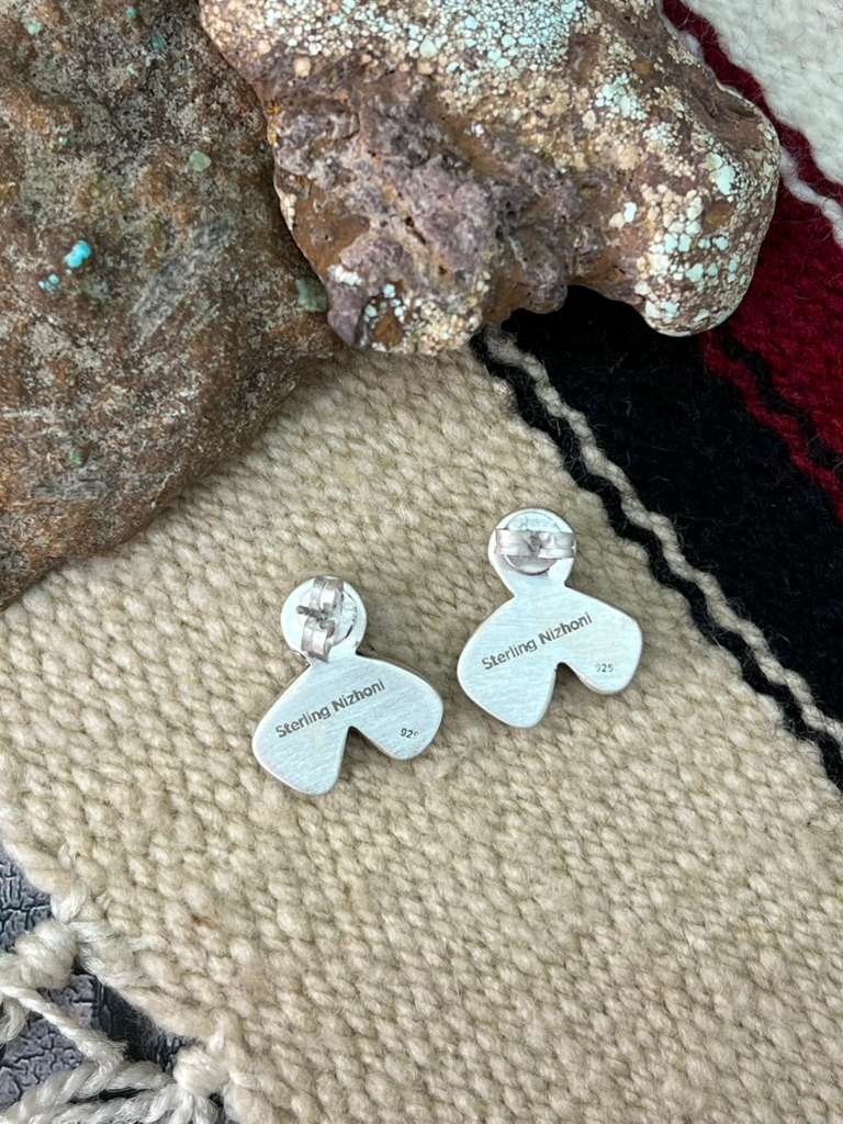 Handmade Sterling Silver Sonoran Mountain Turquoise with White Water Turquoise Post Studs, Signed Nizhoni