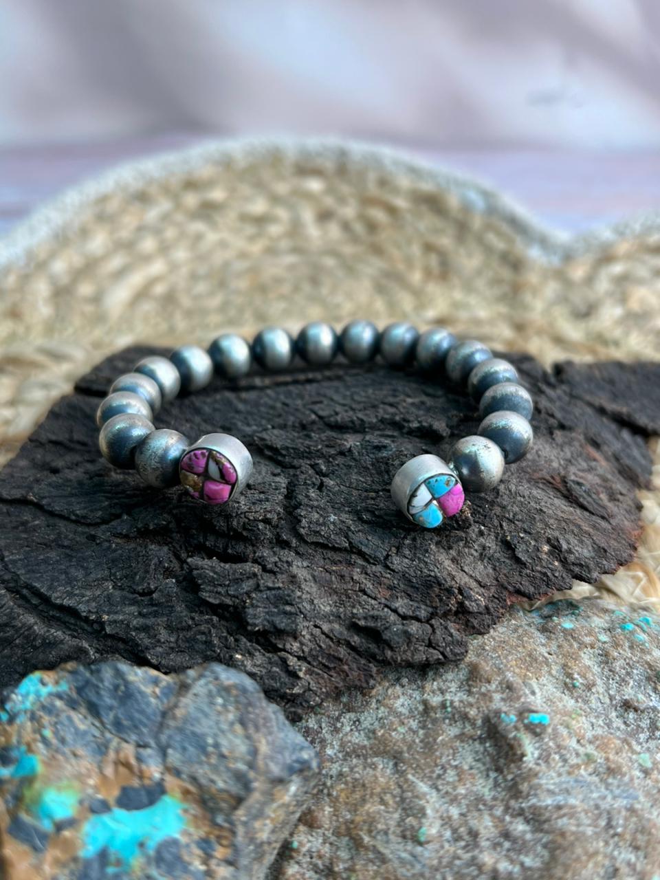 Handmade Sterling Silver Beaded Cotton Candy Cuff Bracelet "Signed Nizhoni"