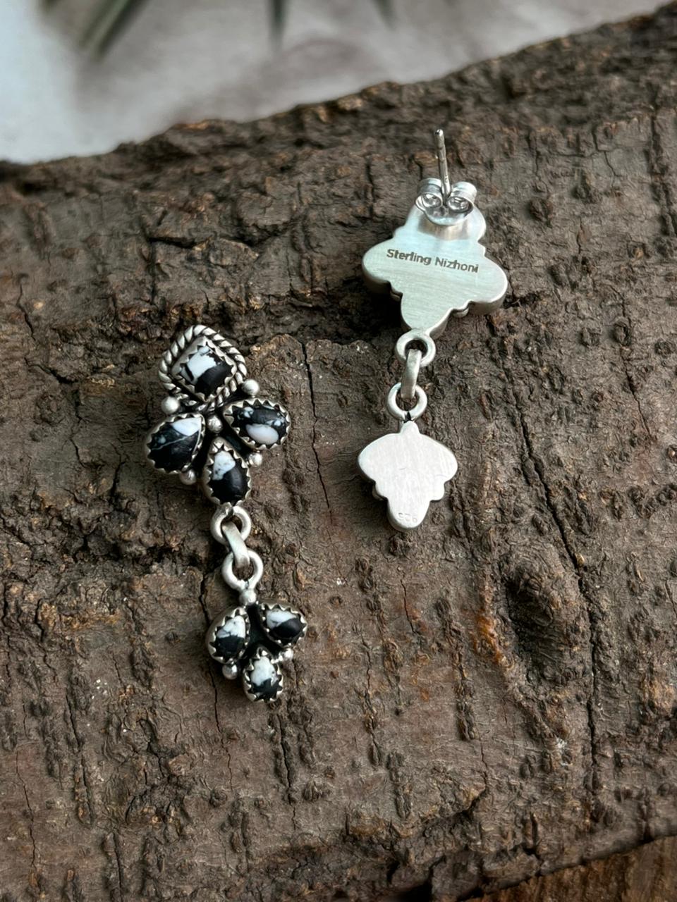Handmade Sterling Silver White Buffalo Post Dangle Earrings "Signed Nizhoni"
