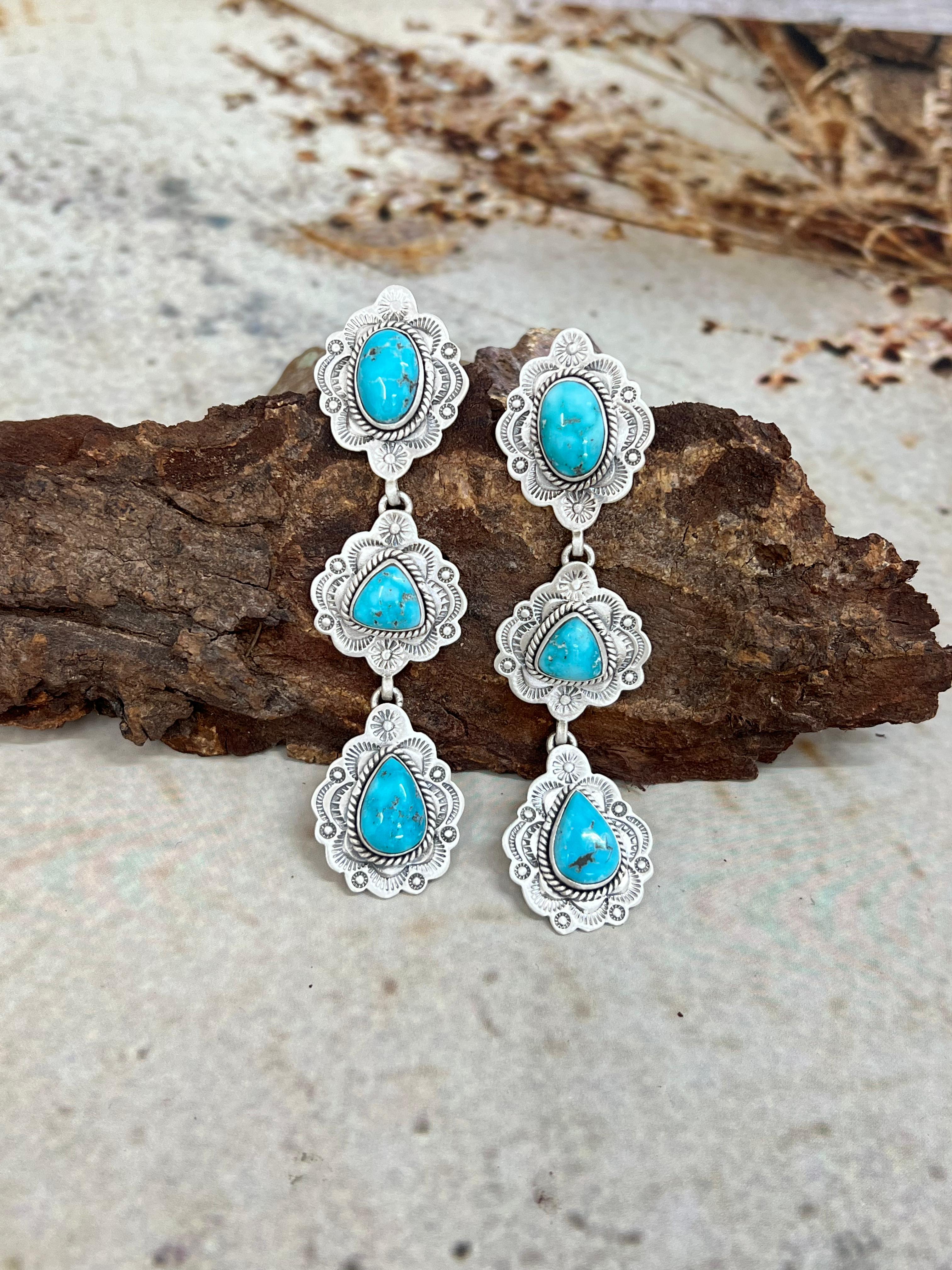 Handmade Sterling Silver White Water Turquoise Dangle Earrings with Signed Nizhoni