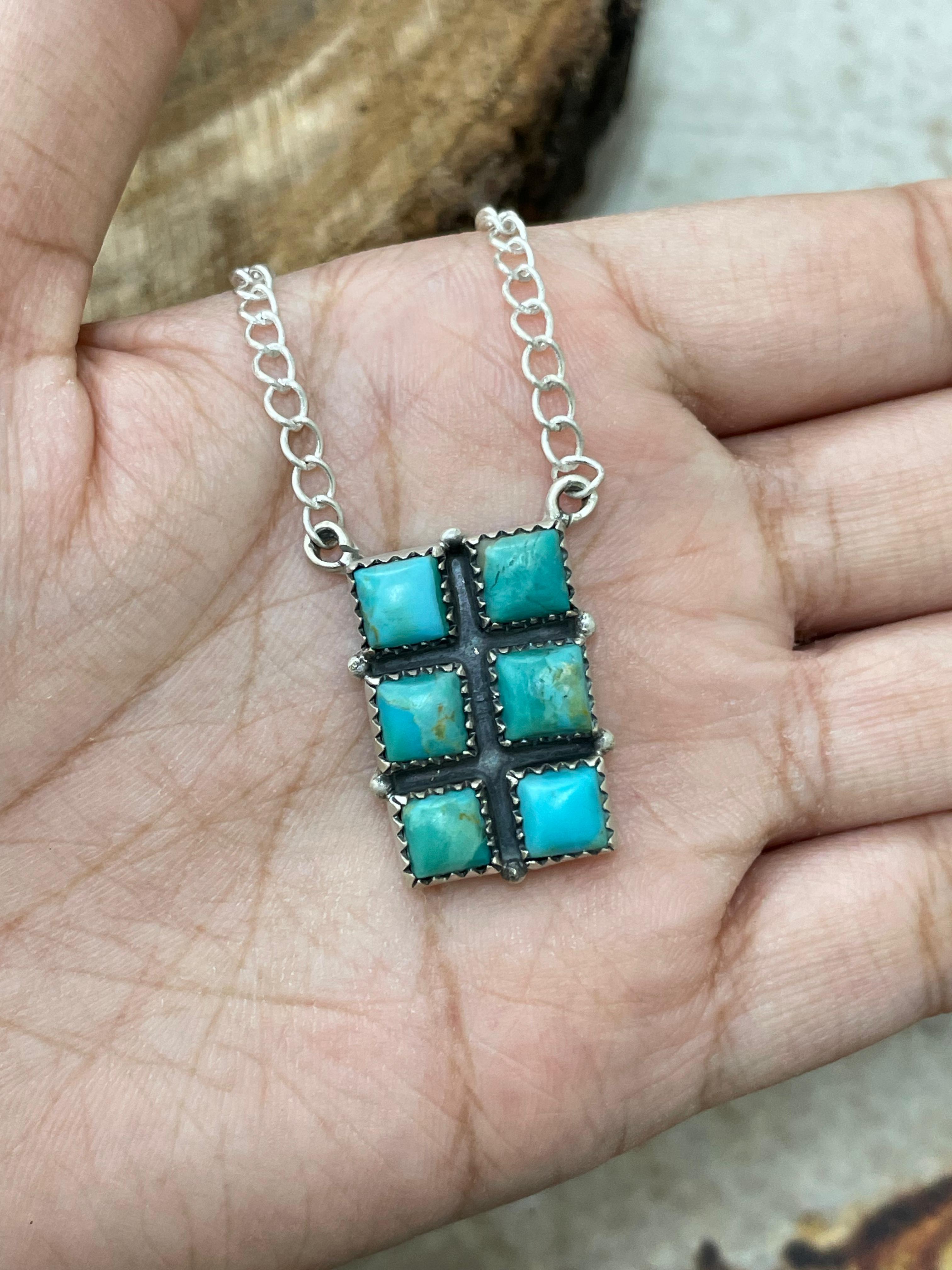 Handmade Sterling Silver Kingman Turquoise Necklace with Signed Nizhoni