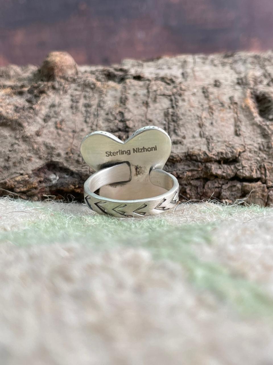 Handmade Sterling Silver White Water with Palomino Turquoise Adjustable Ring "Signed Nizhoni"