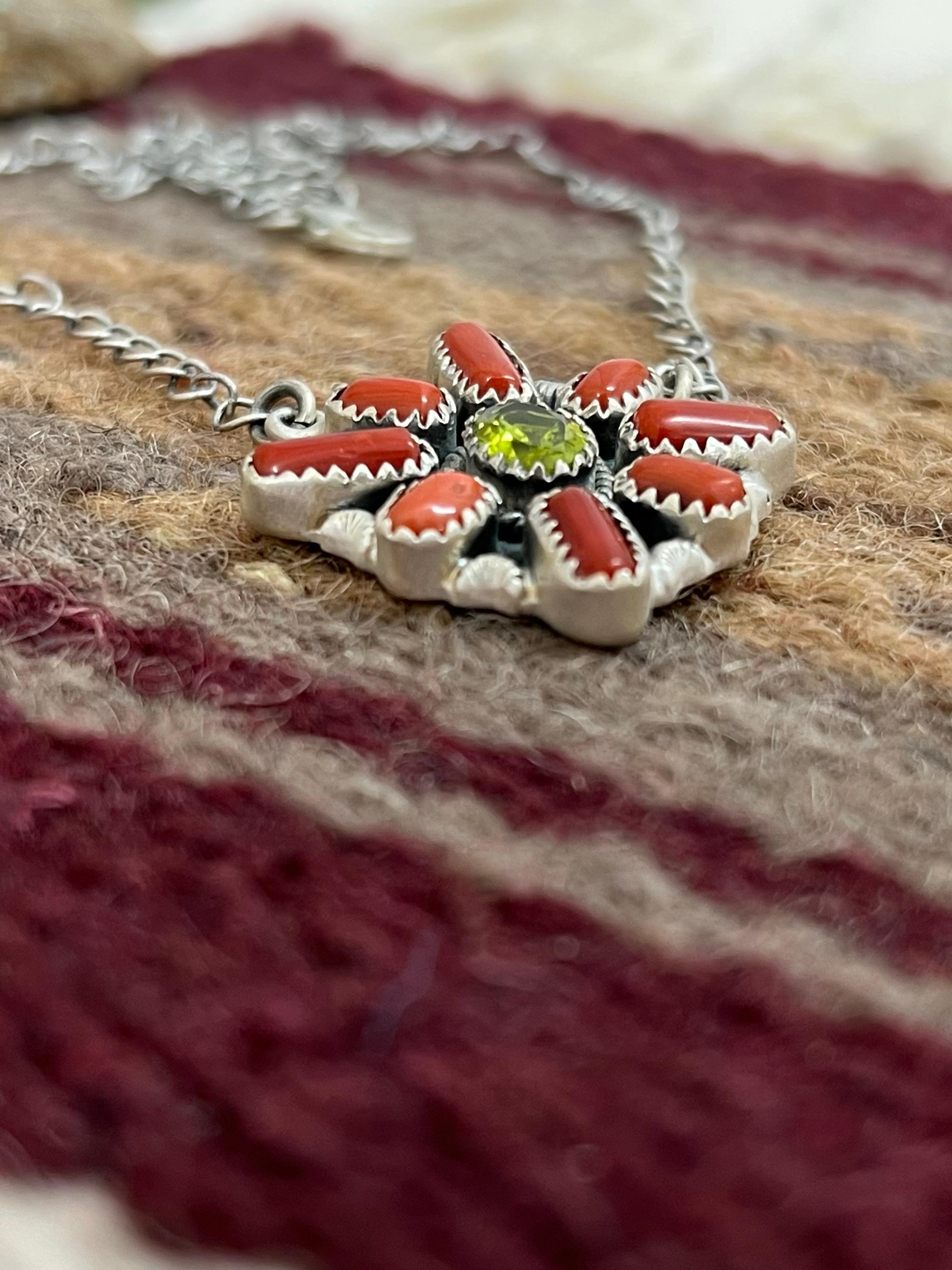 Christmas Collection Handmade Sterling Silver Coral with Peridot Necklace with Signed Nizhoni