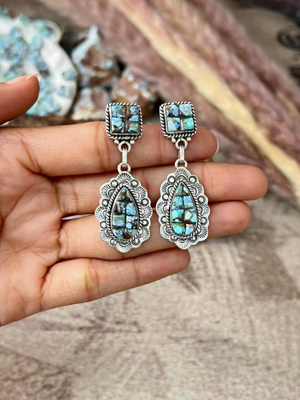 Handmade Sterling Silver Golden Hills Cobble Collection Post Dangle Earrings "Signed Nizhoni"