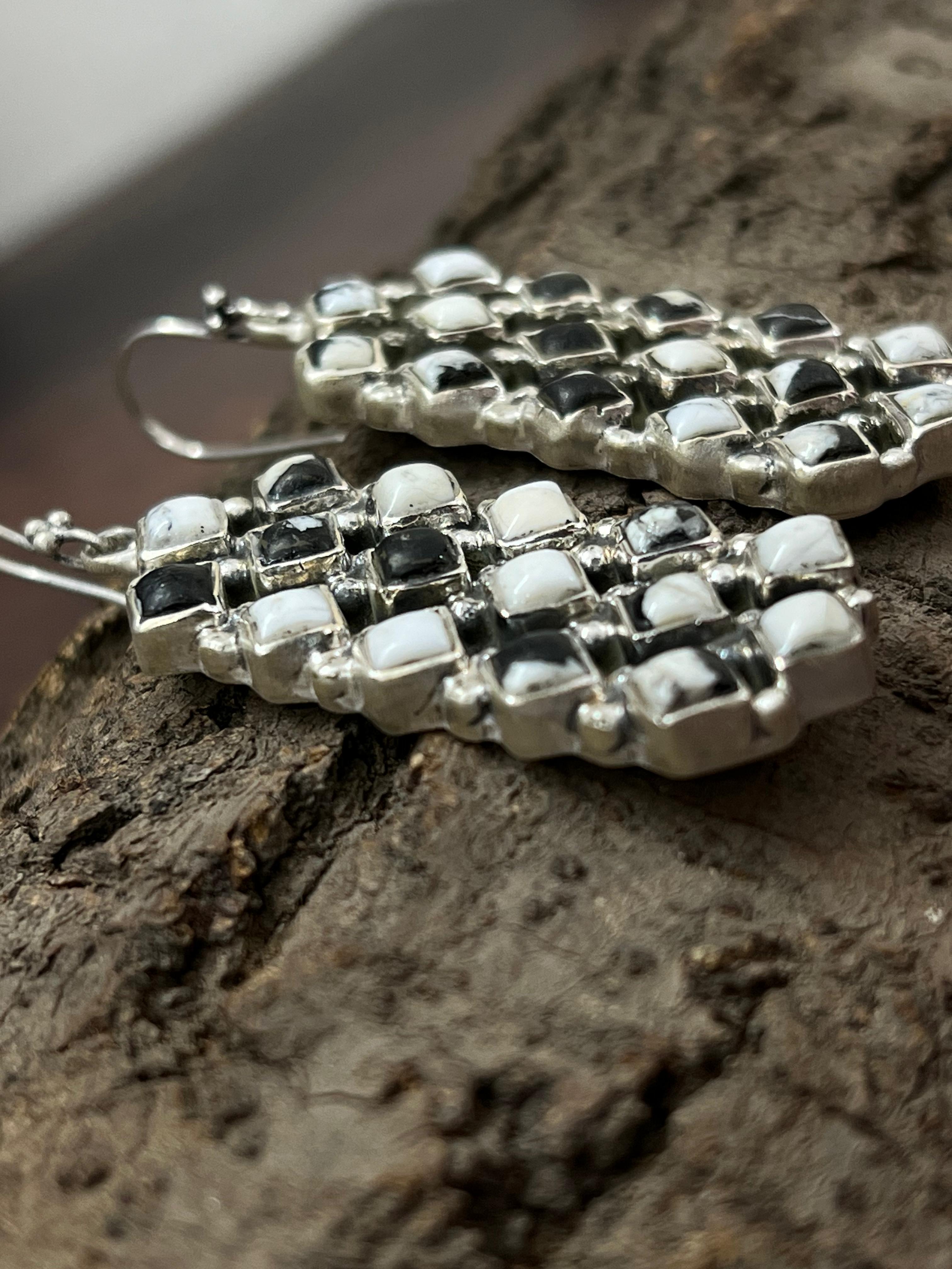 Handmade Sterling Silver White Buffalo Hook Dangle Earrings with Signed Nizhoni