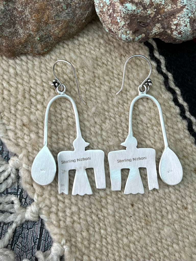 Handmade Sterling Silver Number 8 Turquoise Hook Dangle Earrings "Signed Nizhoni"