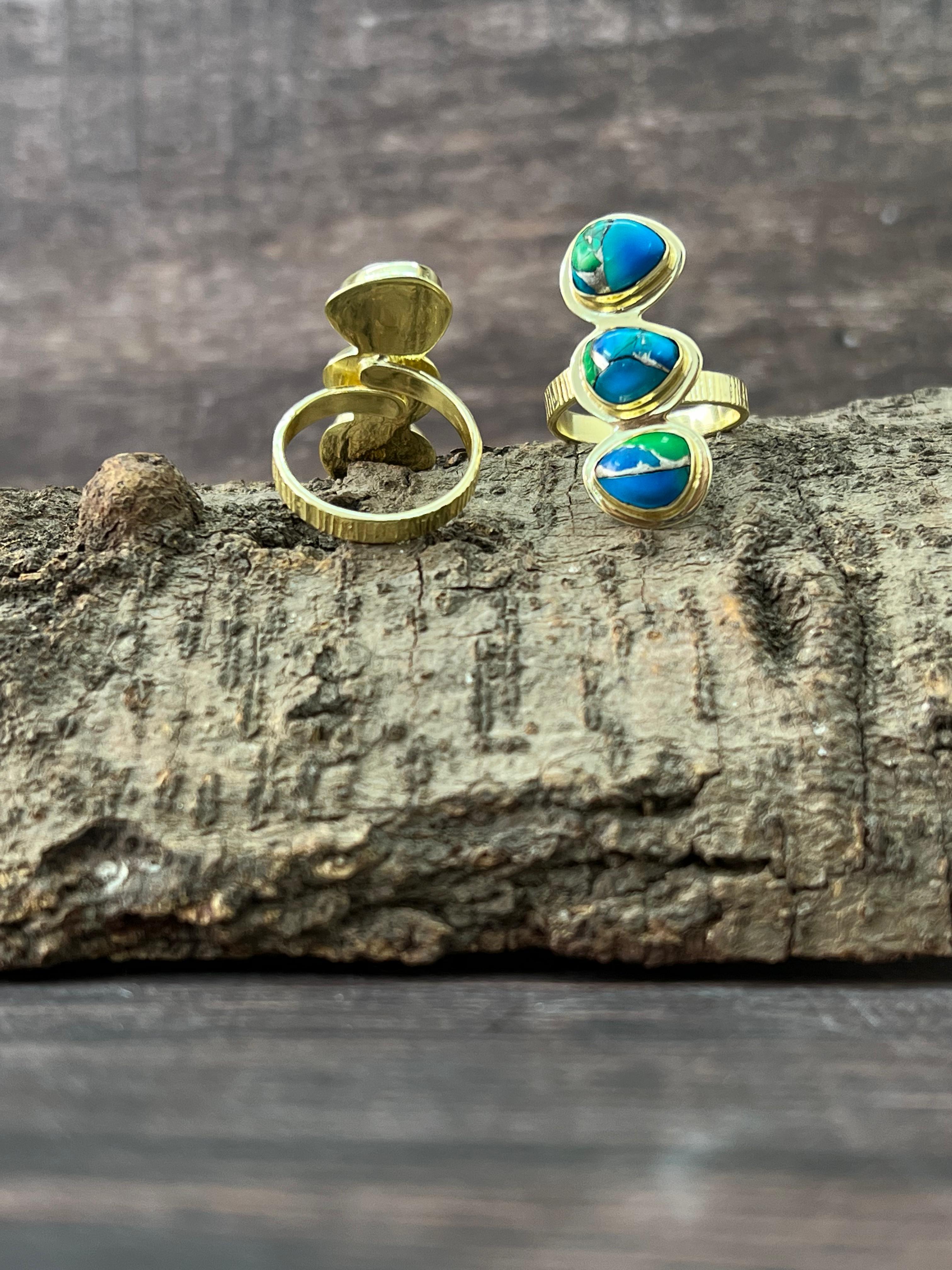 “The Golden Collection” Natural White Buffalo, Peacock Dahlia Adjustable Ring