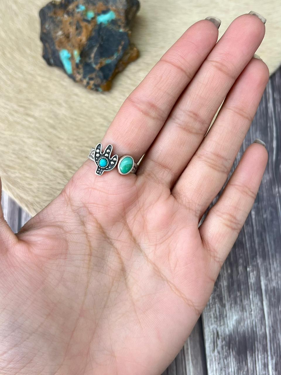 Handmade Sterling Silver Kingman Turquoise Adjustable Cactus Ring "Signed Nizhoni"