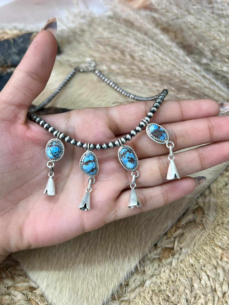 Handmade Sterling Silver Golden Hills Turquoise Beaded Necklace "Signed Nizhoni"