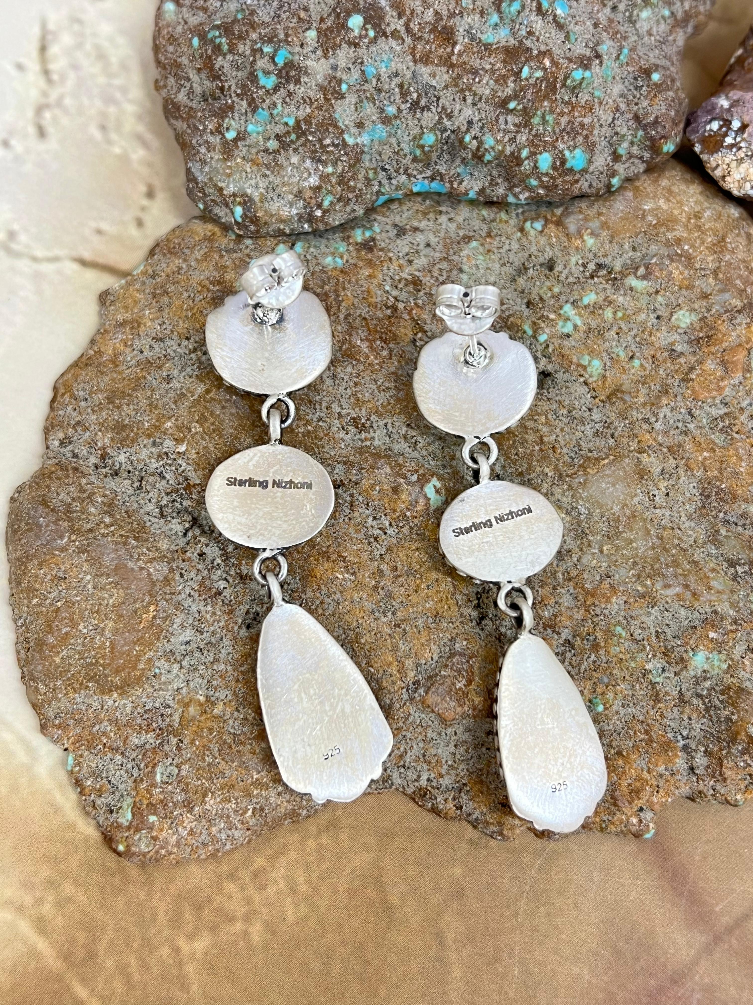 Handmade Sterling Silver Honey Dahlia Post Dangle Earrings with Signed Nizhoni