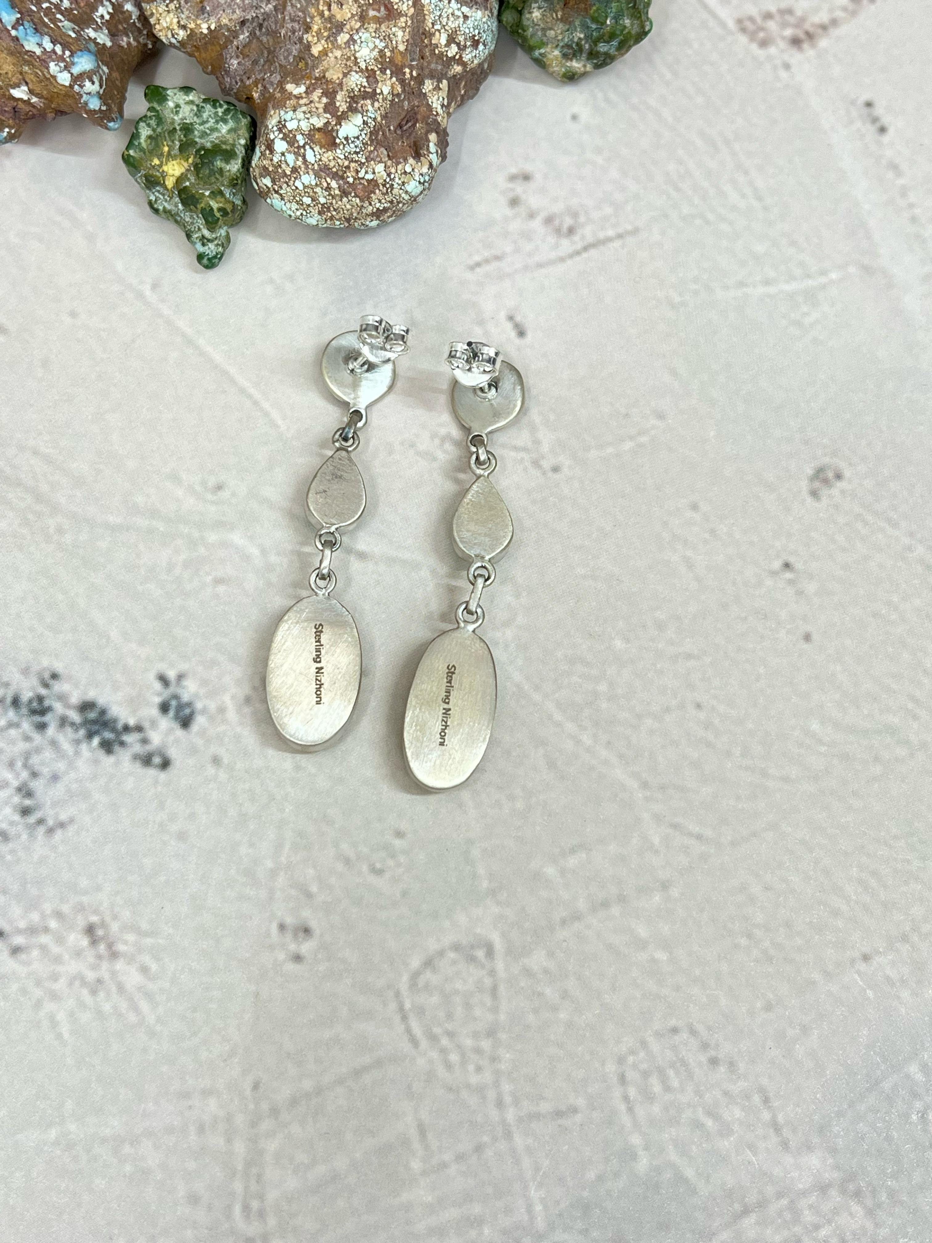 Handmade Sterling Silver Honey Dahlia with South Hill Turquoise Post Earrings, Signed Nizhoni