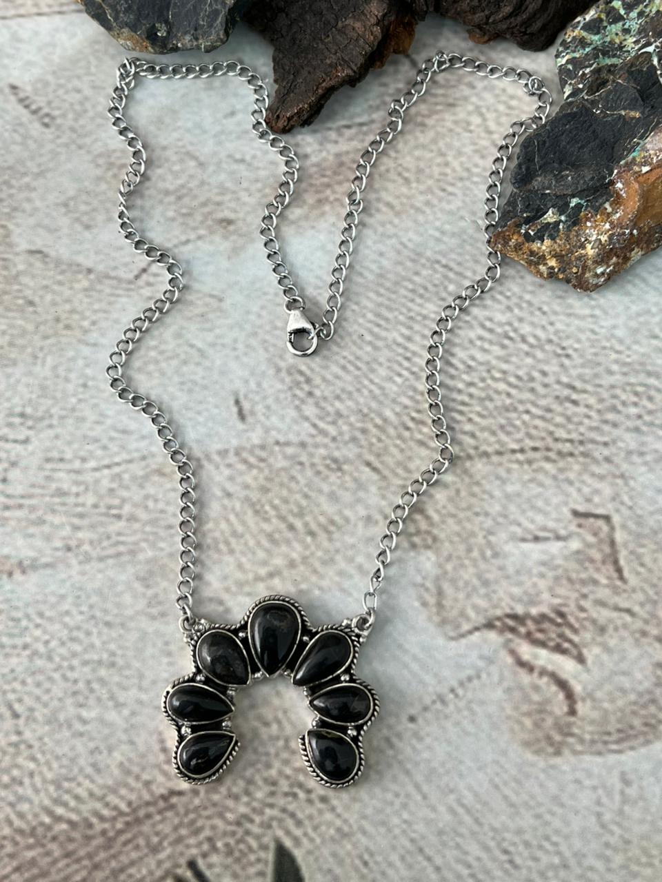 Handmade Sterling Silver Blackjack Turquoise Naja Necklace "Signed Nizhoni"