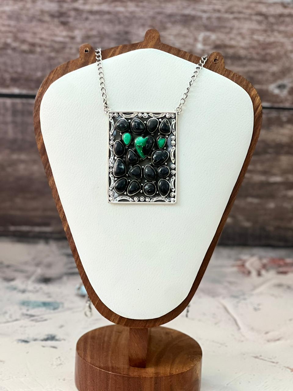 Handmade Sterling Silver Emerald Rose Necklace "Signed Nizhoni"