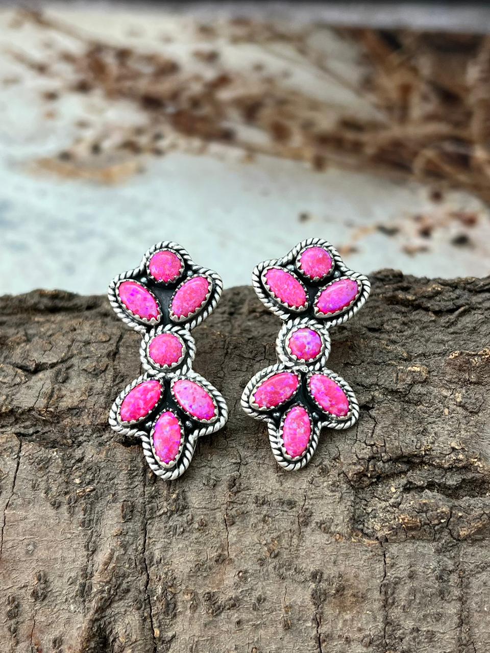 Handmade Sterling Silver Hot Pink Post Earrings "Signed Nizhoni"