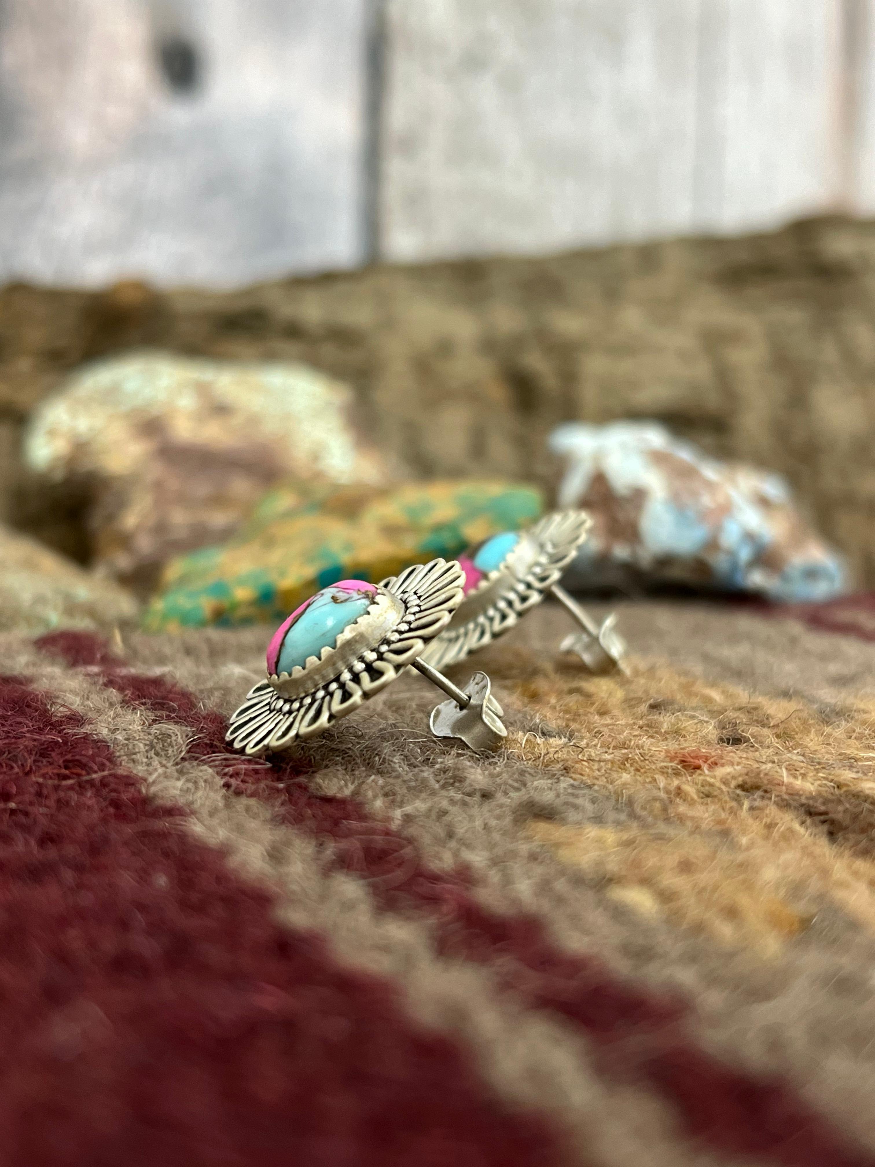 Handmade Sterling Silver Cotton Candy Turquoise Flower Studs with Signed Nizhoni