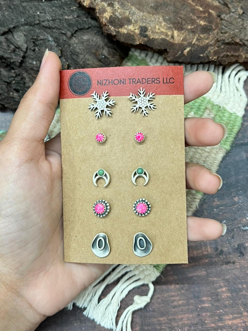 Handmade Sterling Silver Kingman Turquoise and Hot Pink Post Earring Set "Signed Nizhoni"