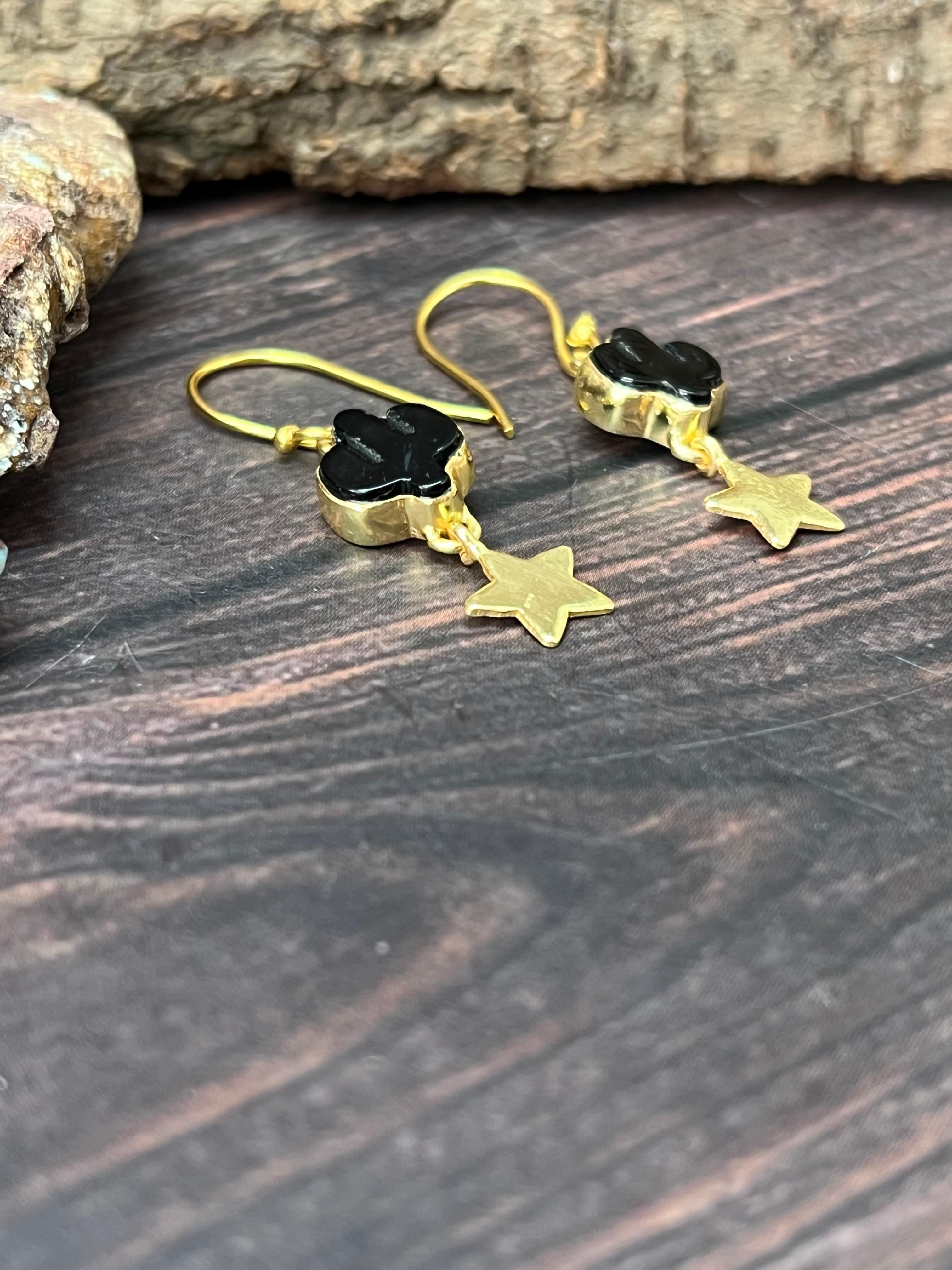 “The Golden Collection” Handmade Natural Black Onyx Cactus Star Hook Dangle Earrings