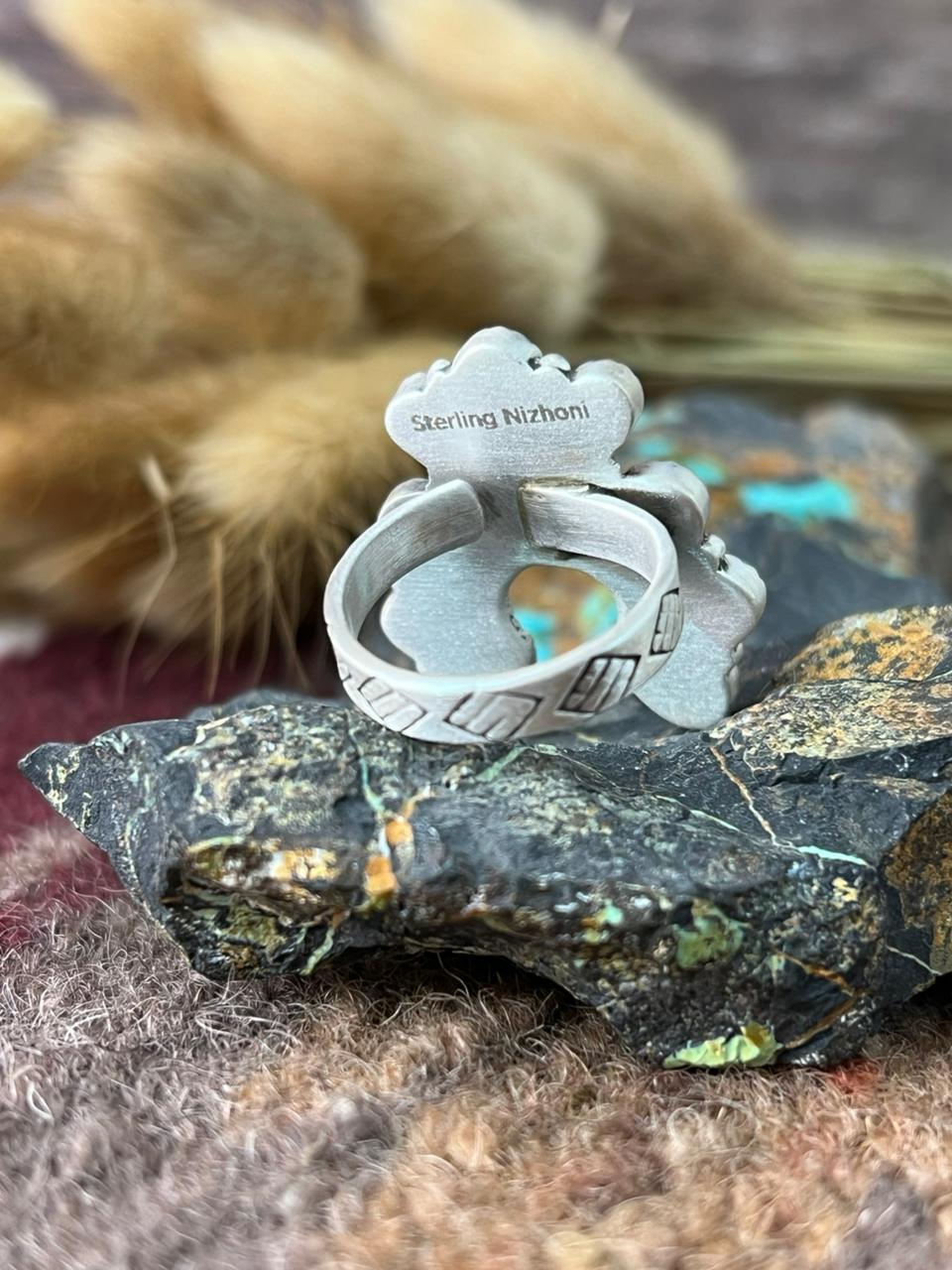 Handmade Sterling Silver Emerald Valley with Santa Maria Turquoise Adjusatble Ring "Signed Nizhoni"