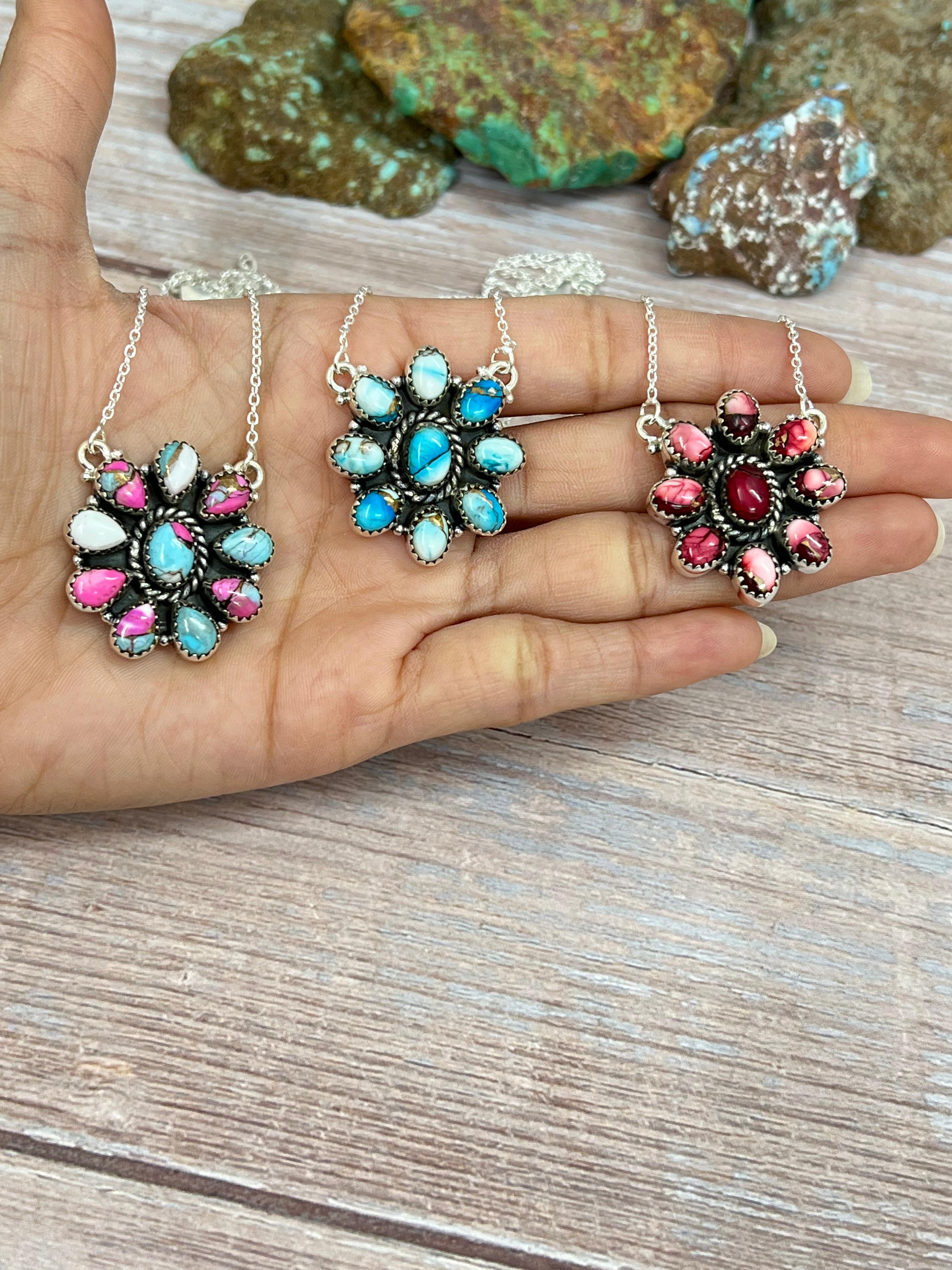 Handmade Sterling Silver Multi Stone Necklace, Signed Nizhoni