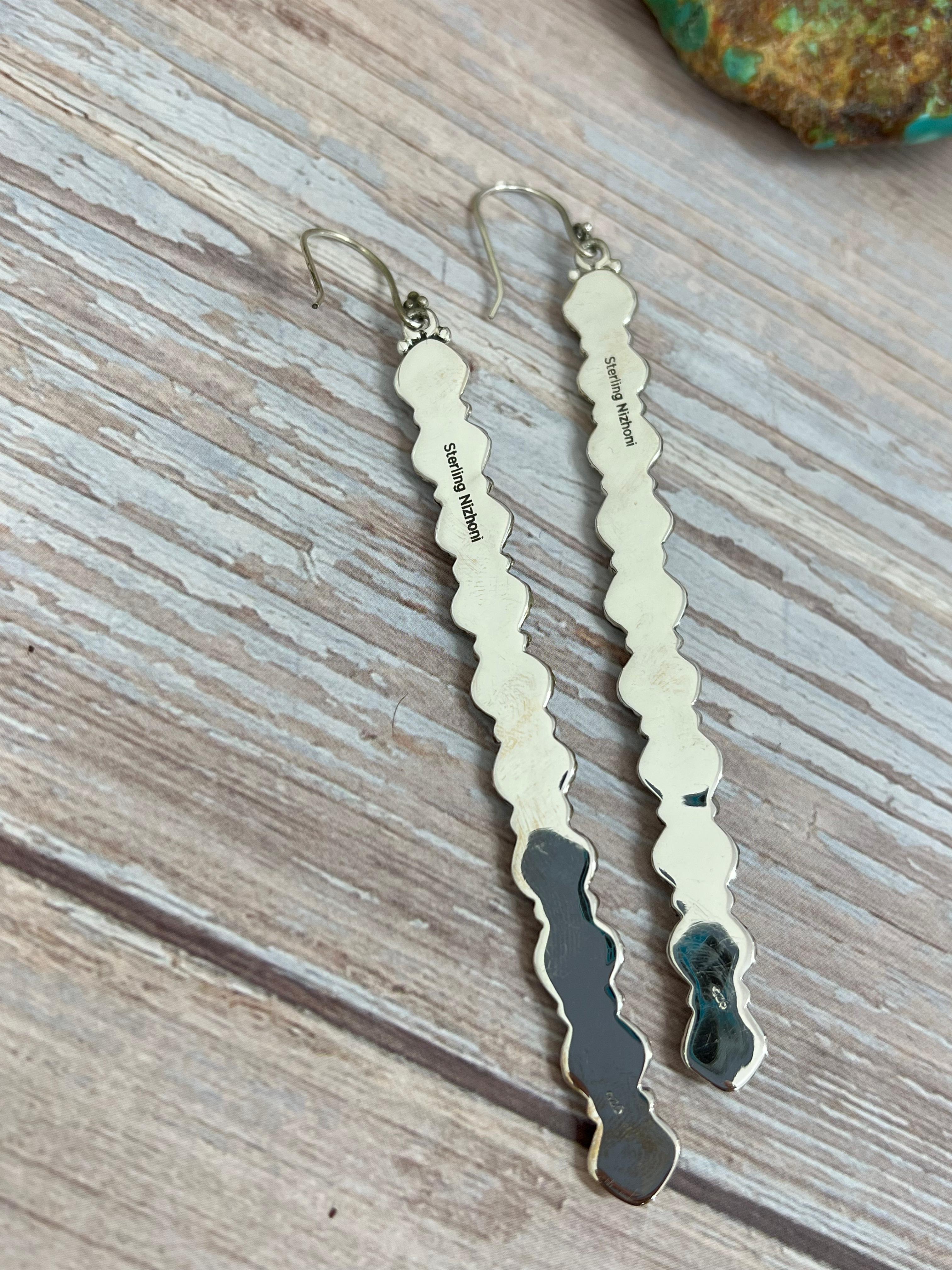 Handmade Sterling Silver Kingman Turquoise Post Dangle Earrings with Signed Nizhoni