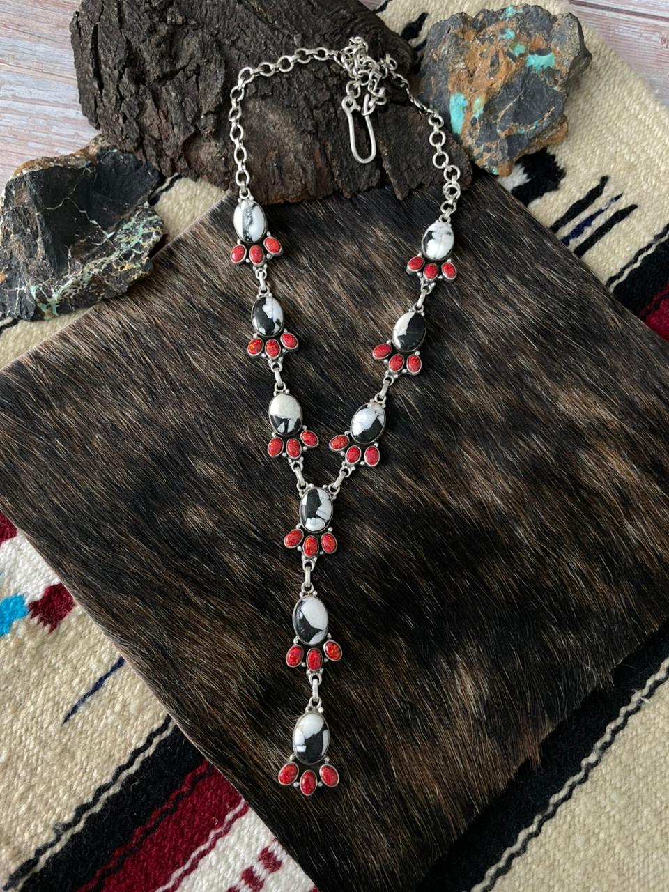 Handmade Sterling Silver White Buffalo with Red Opal Necklace "Signed Nizhoni"