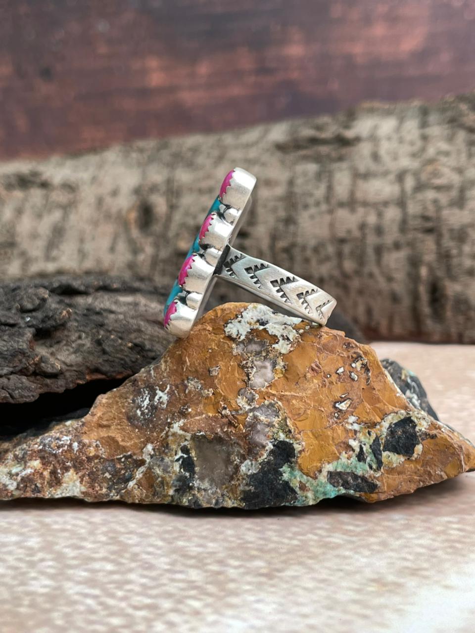Handmade Sterling Silver Hot Pink with Arizona Turquoise Adjustable Ring "Signed Nizhoni"