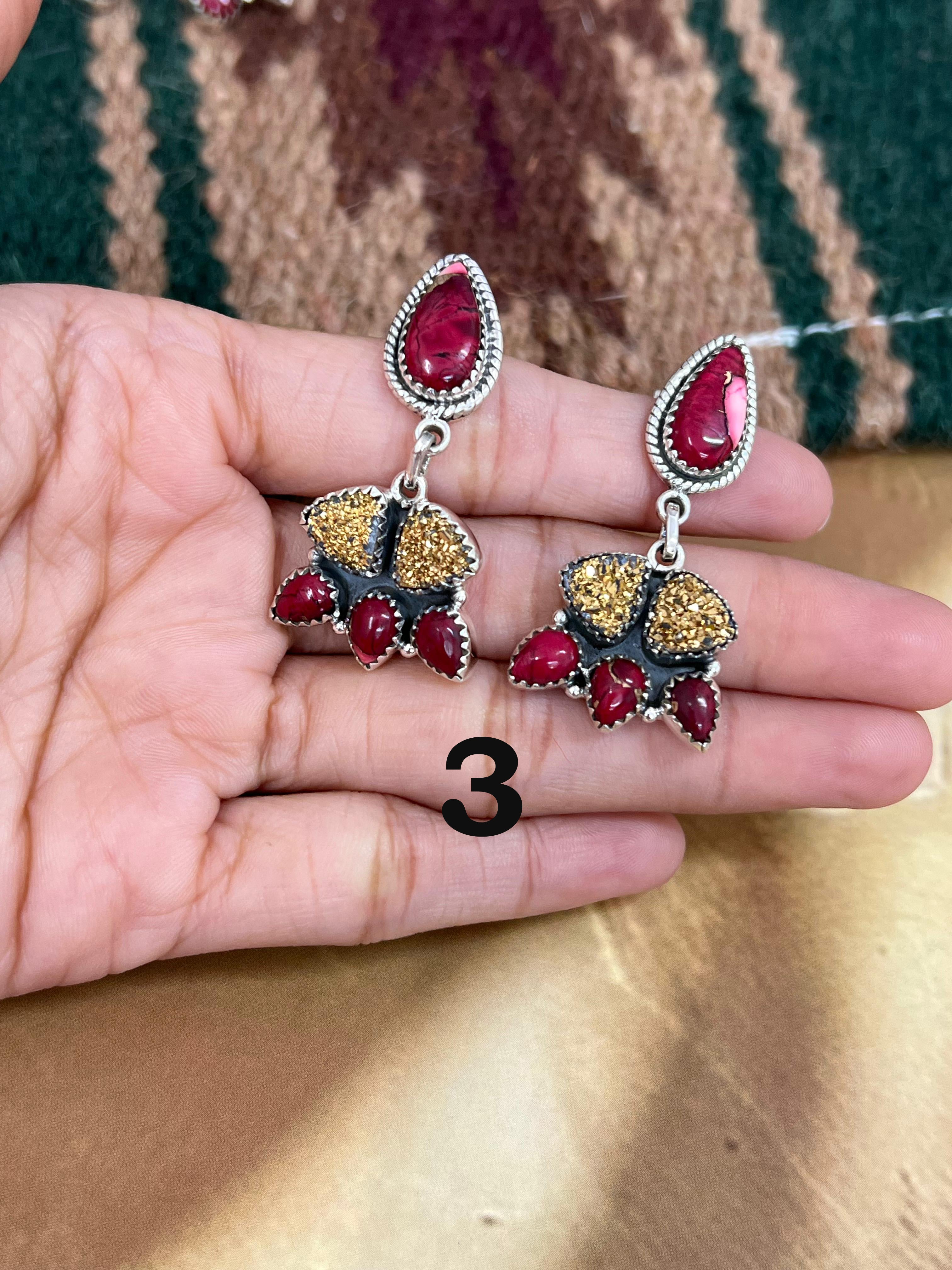Handmade Sterling Silver Dahlia Rose with Druzy Dangle Earrings, Signed Nizhoni