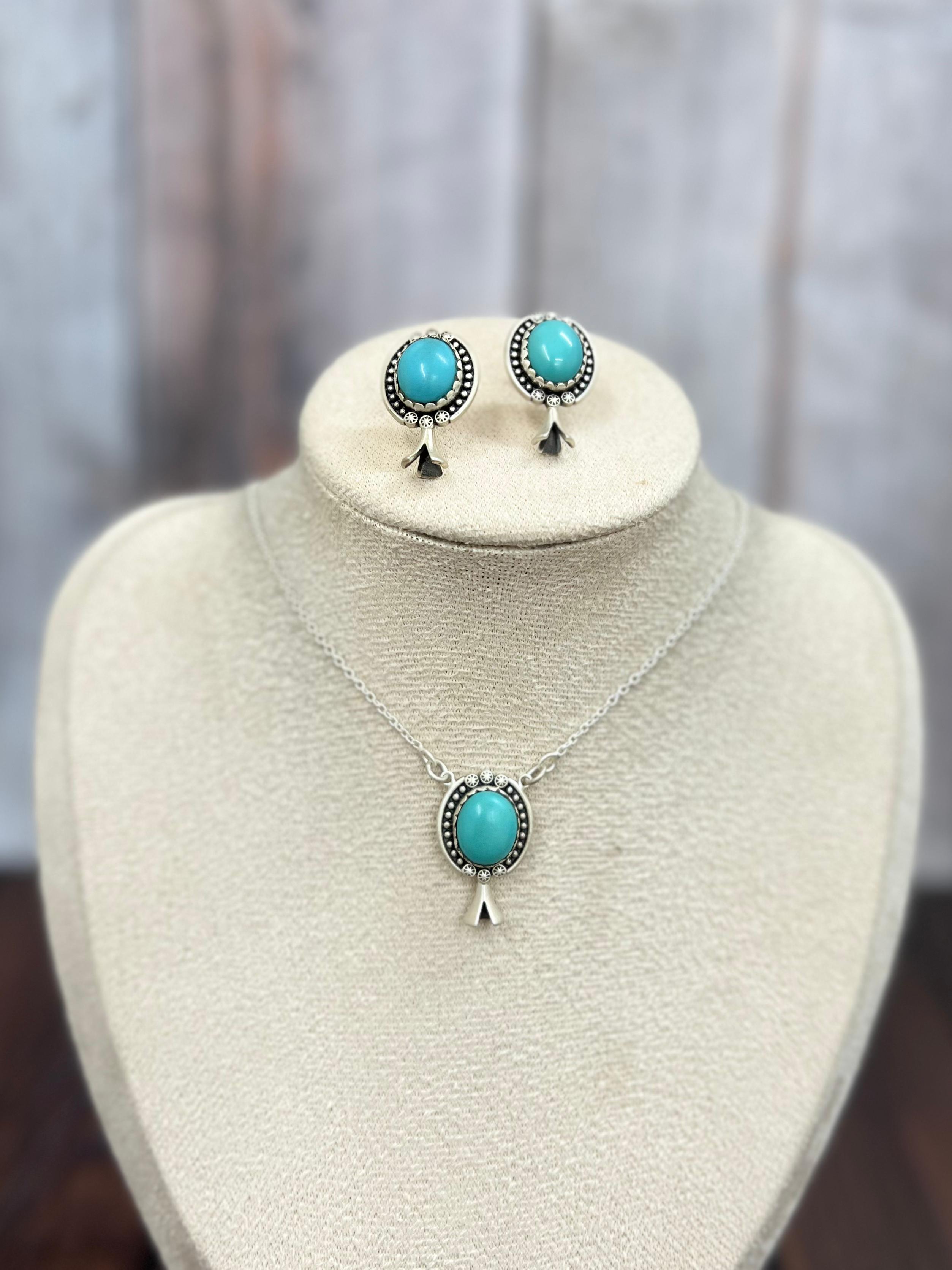 Handmade Sterling Silver Kingman Turquoise Necklace Earrings Set with Signed Nizhoni