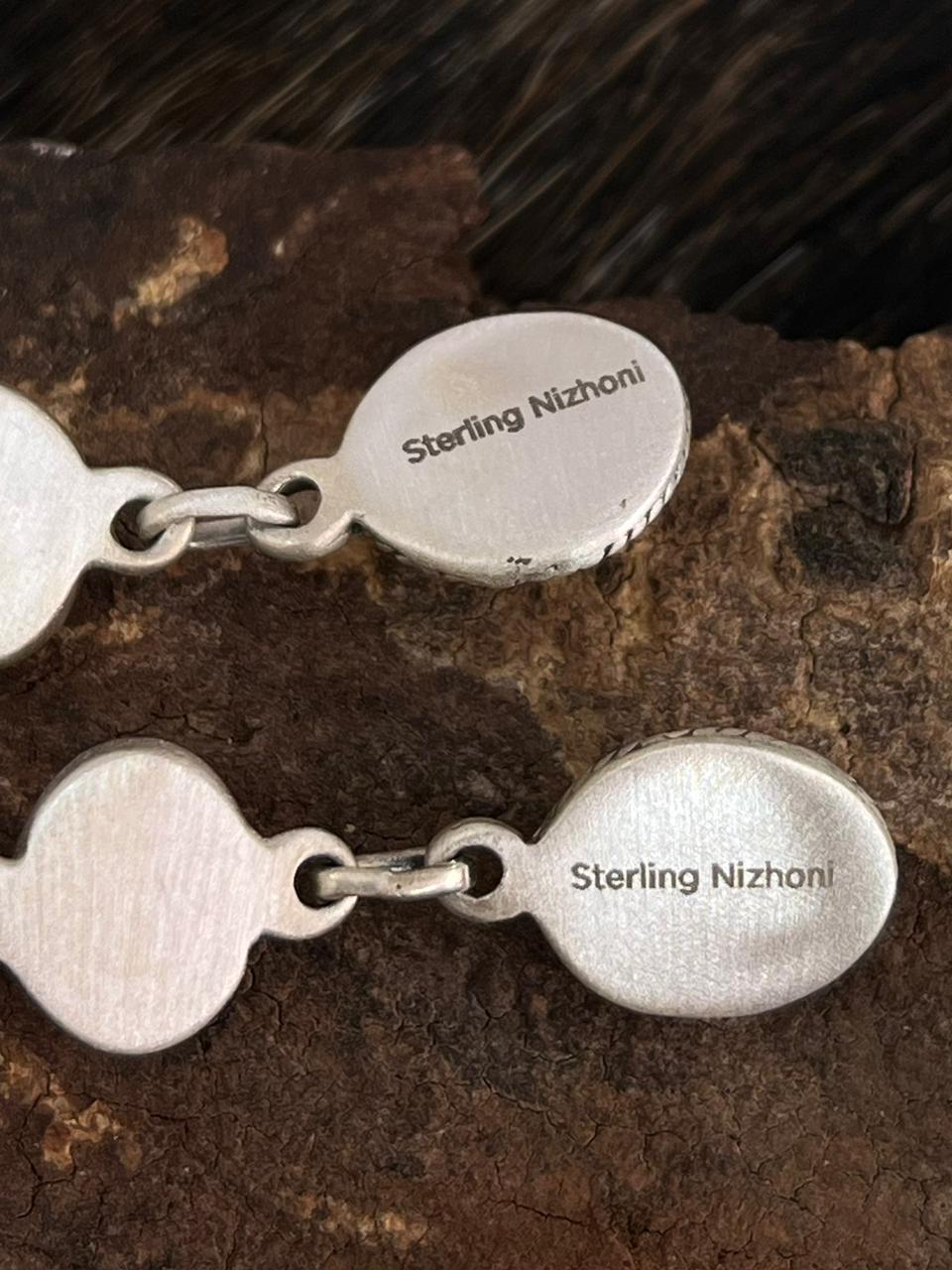 Handmade Sterling Silver White Buffalo Post Dangle Earrings "Signed Nizhoni"