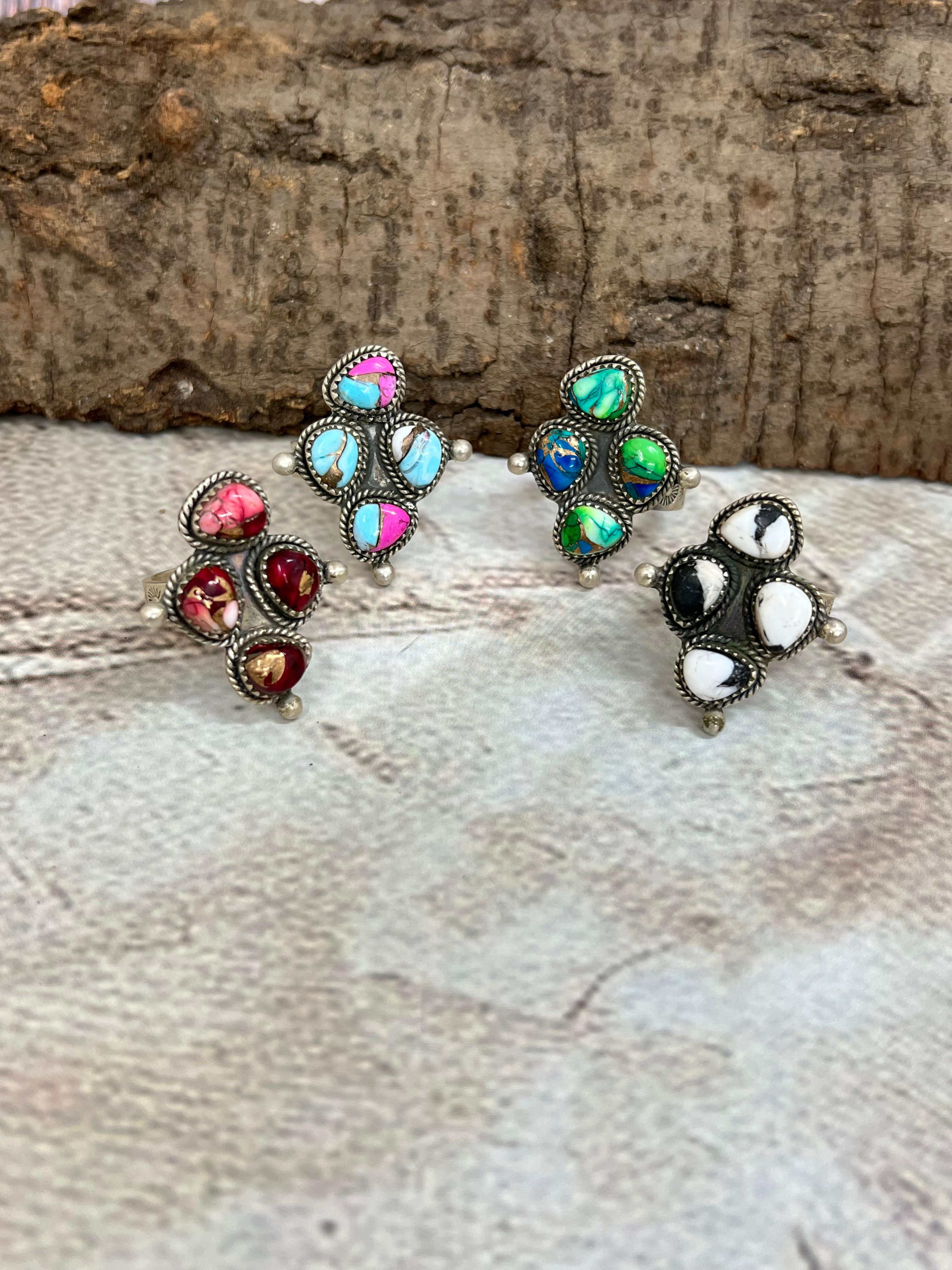 Handmade Sterling Silver Peacock Dahlia, Cotton Candy, Dahlia Rose, White Buffalo Turquoise Adjustable Ring, Signed Nizhoni