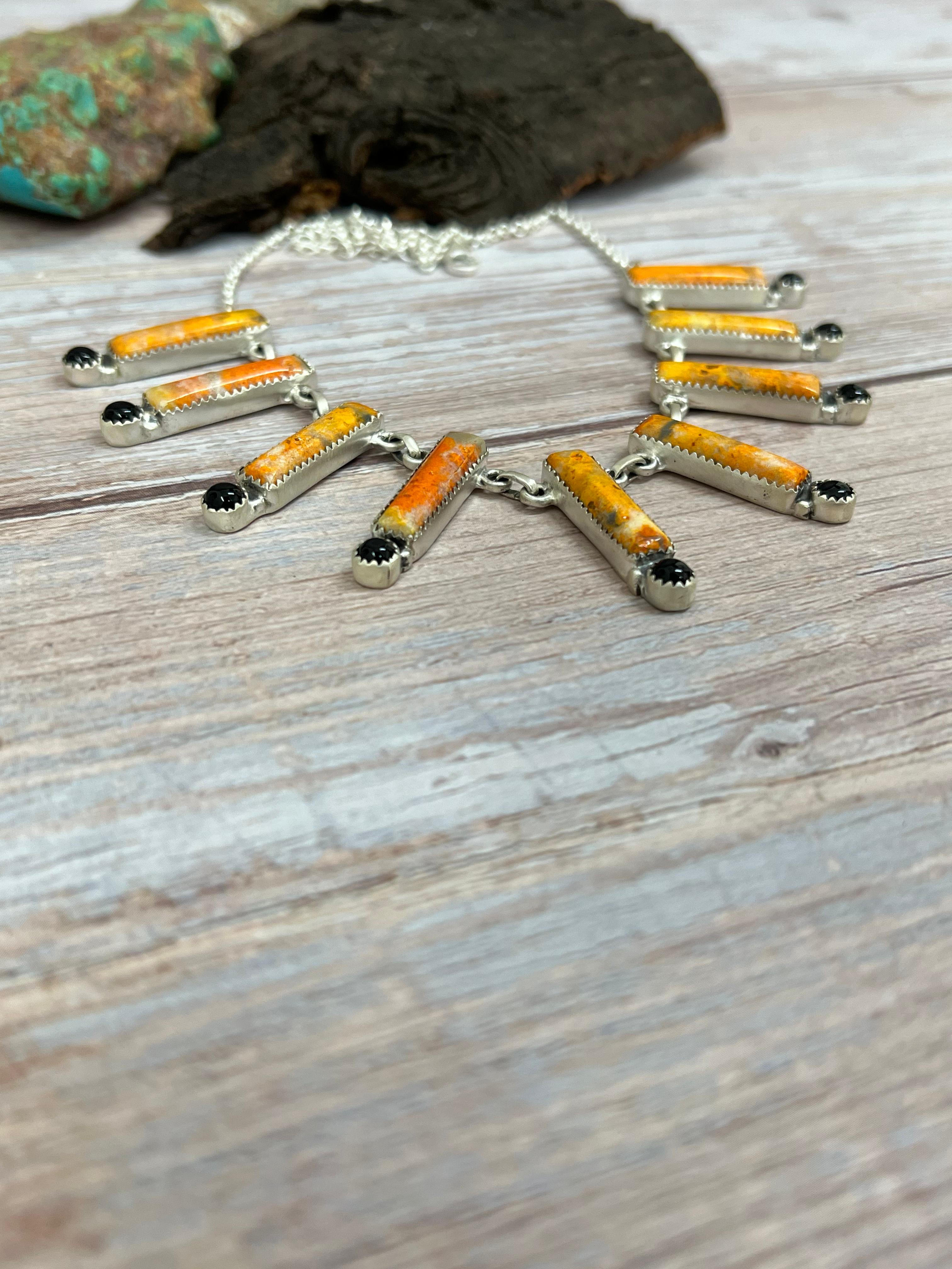 "Halloween Collection" Handmade Sterling Silver Black Onyx, Bumblebee Necklace with Signed Nizhoni