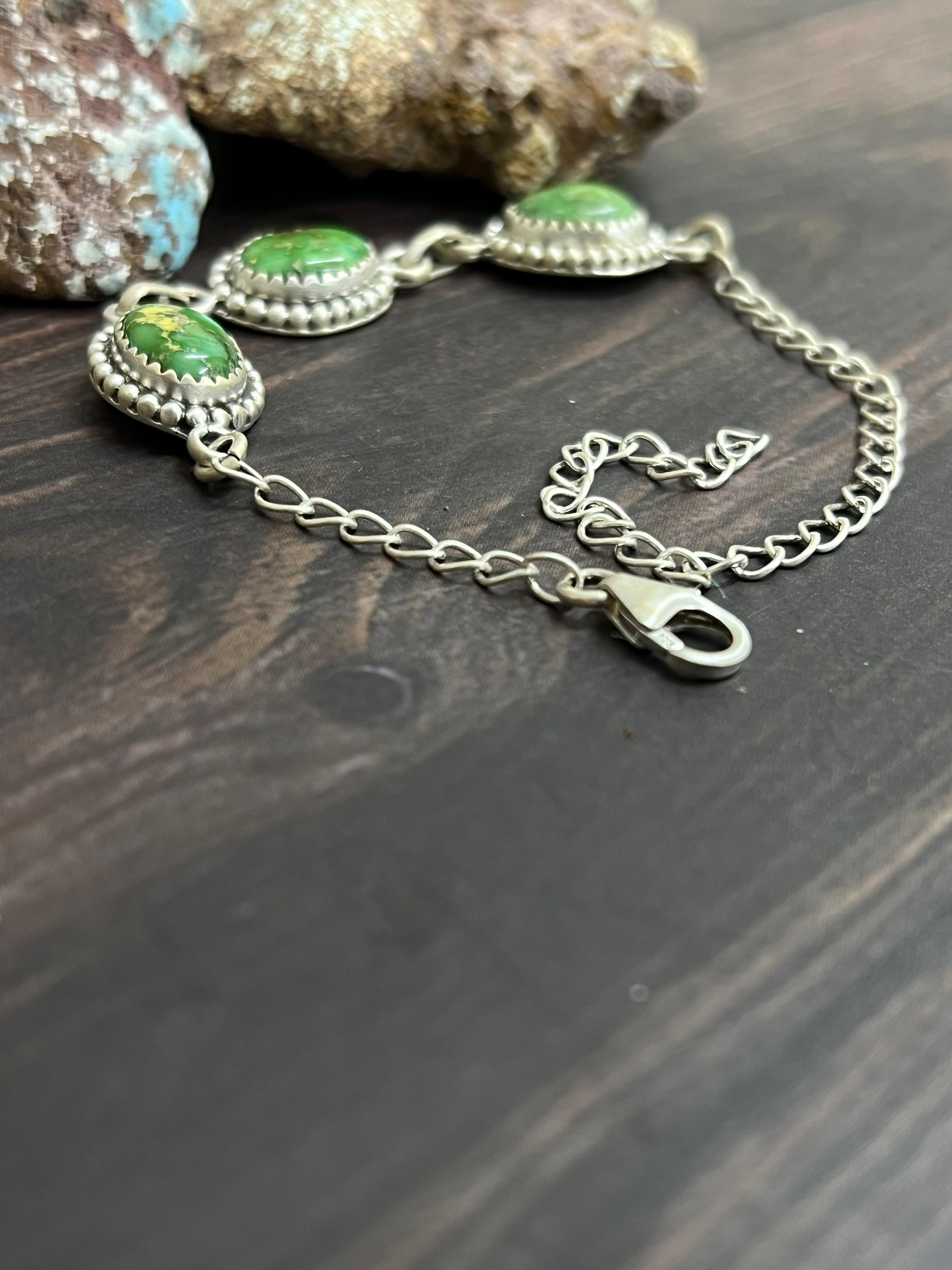 Handmade Sterling Silver Sonoran Mountain Turquoise Chain Bracelet with Signed Nizhoni