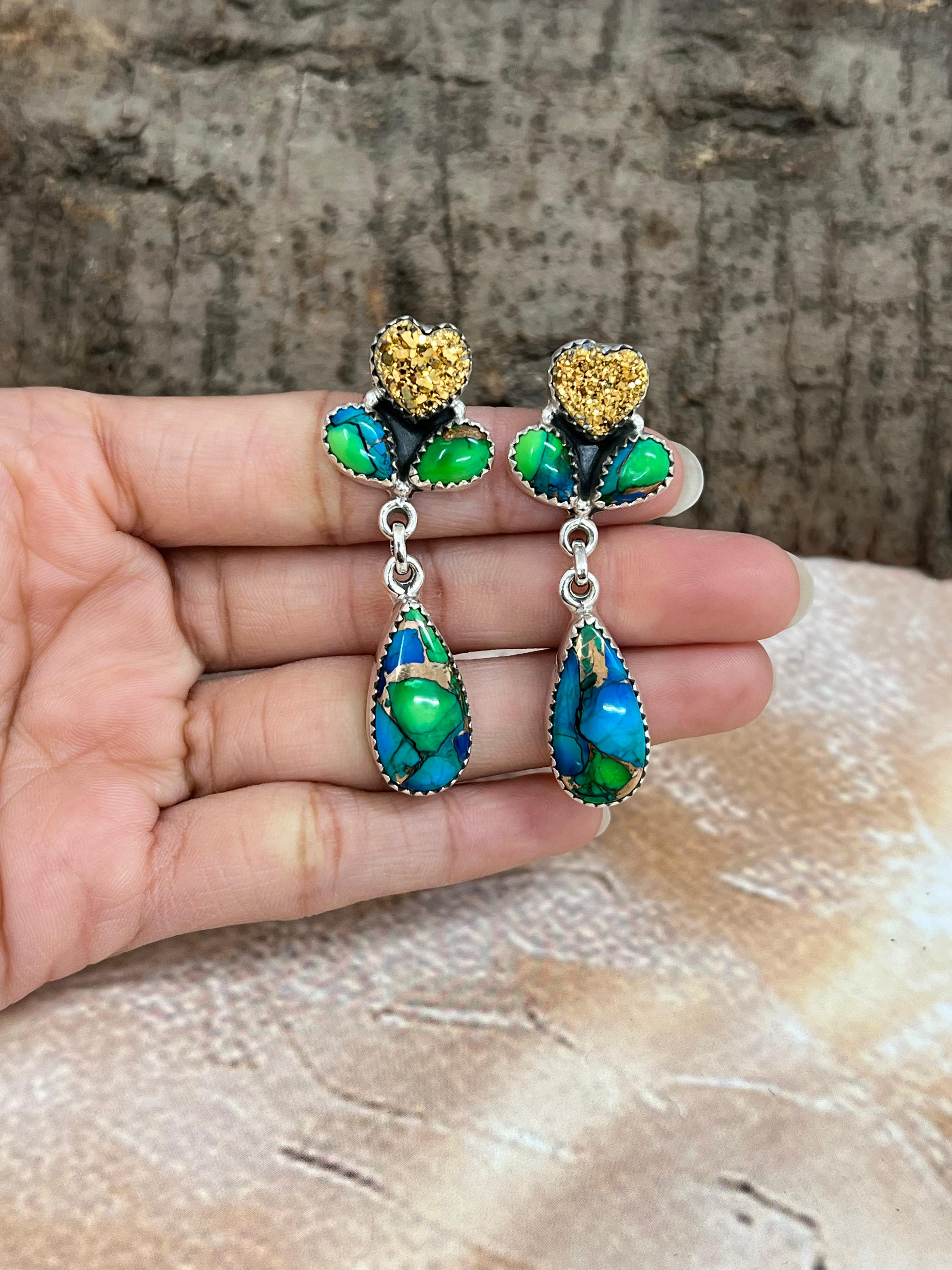 Handmade Sterling Silver Peacock Dahlia with Druzy Dangle Earrings with Signed Nizhoni