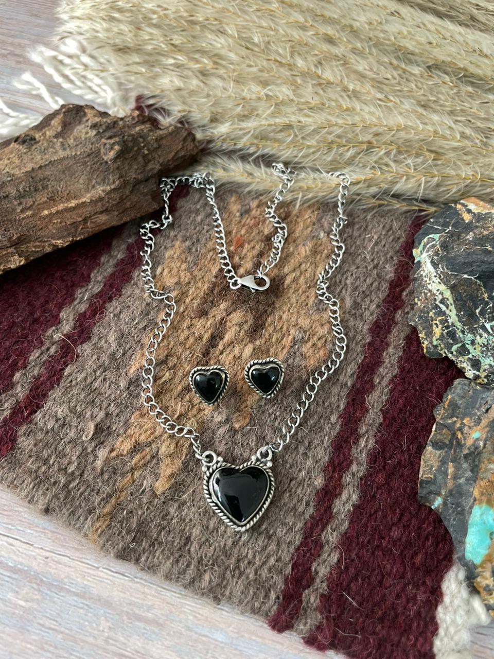 Handmade Sterling Silver Black Onyx Heart Necklace Earrings Set "Signed Nizhoni"