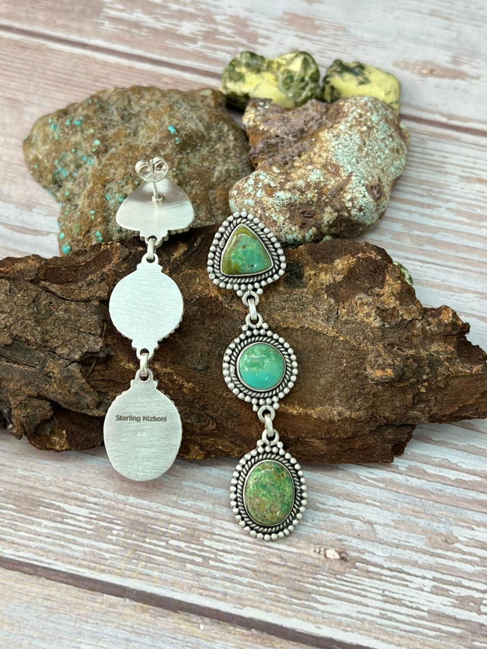 Handmade Sterling Silver Mantis Turquoise Post Dangle Earrings with Signed Nizhoni