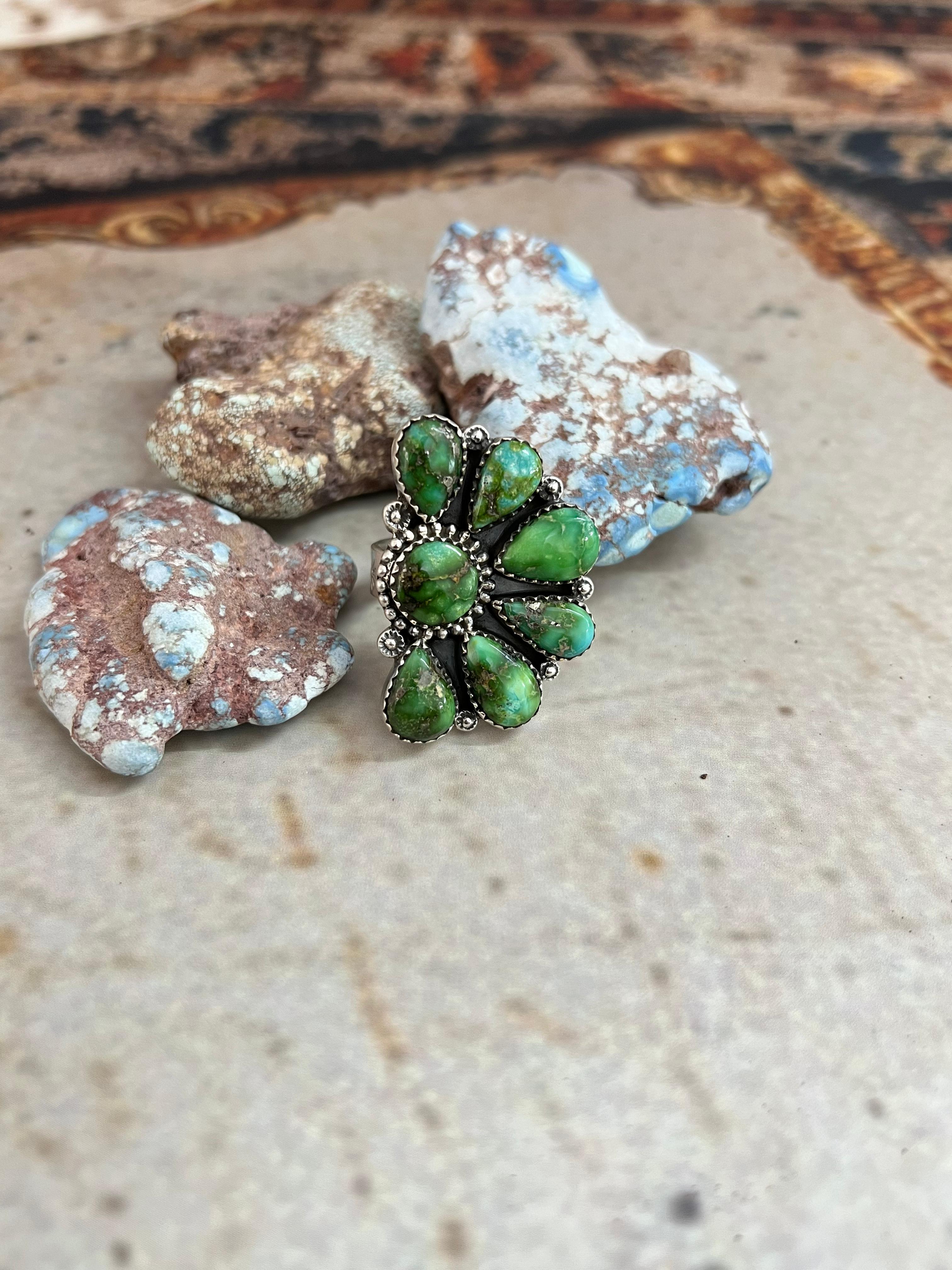 Handmade Sterling Silver Sonoran Mountain Turquoise Adjustable Ring, Signed Nizhoni
